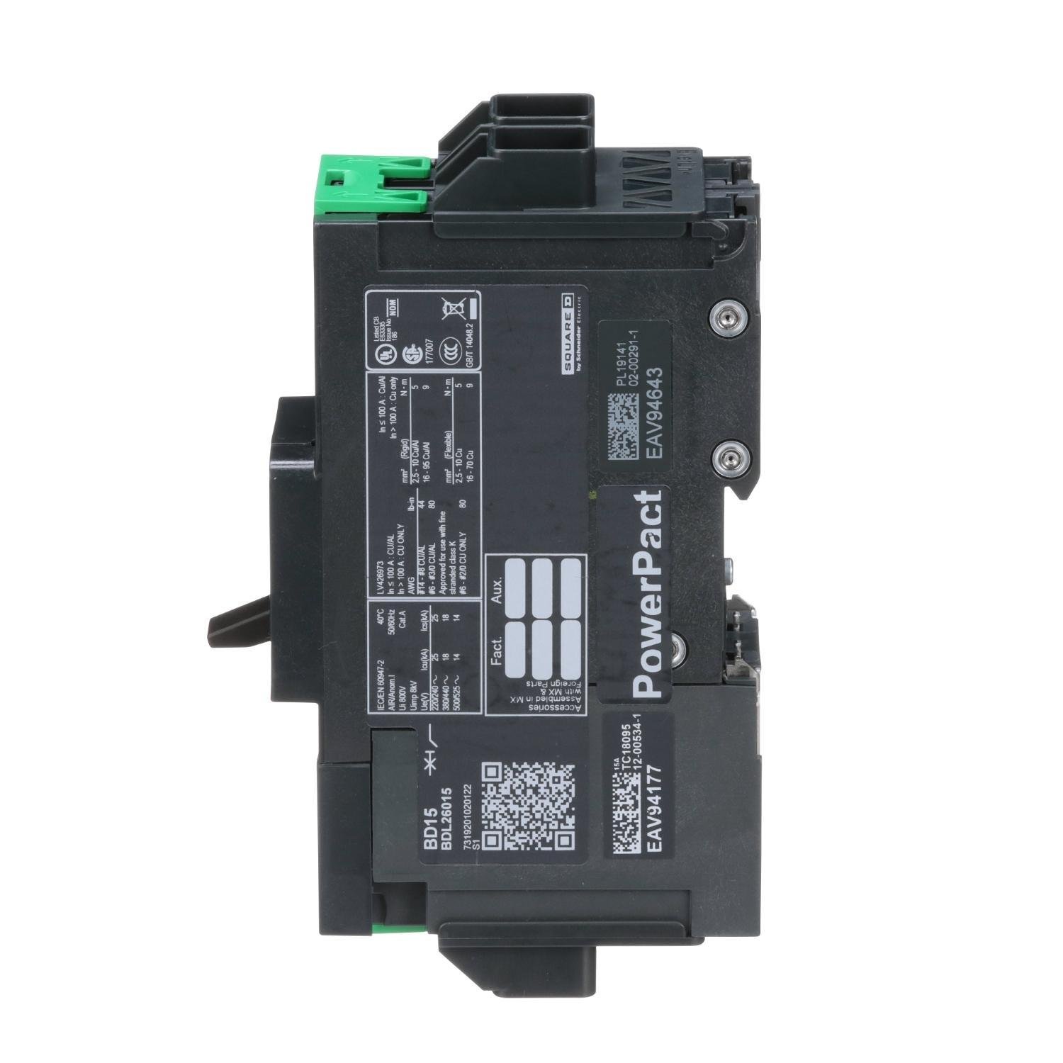 Picture of BDL26015 - Circuit breaker, PowerPacT B, 15A, 2 pole, 600Y/347VAC, 14kA, lugs, thermal magnetic, 80%