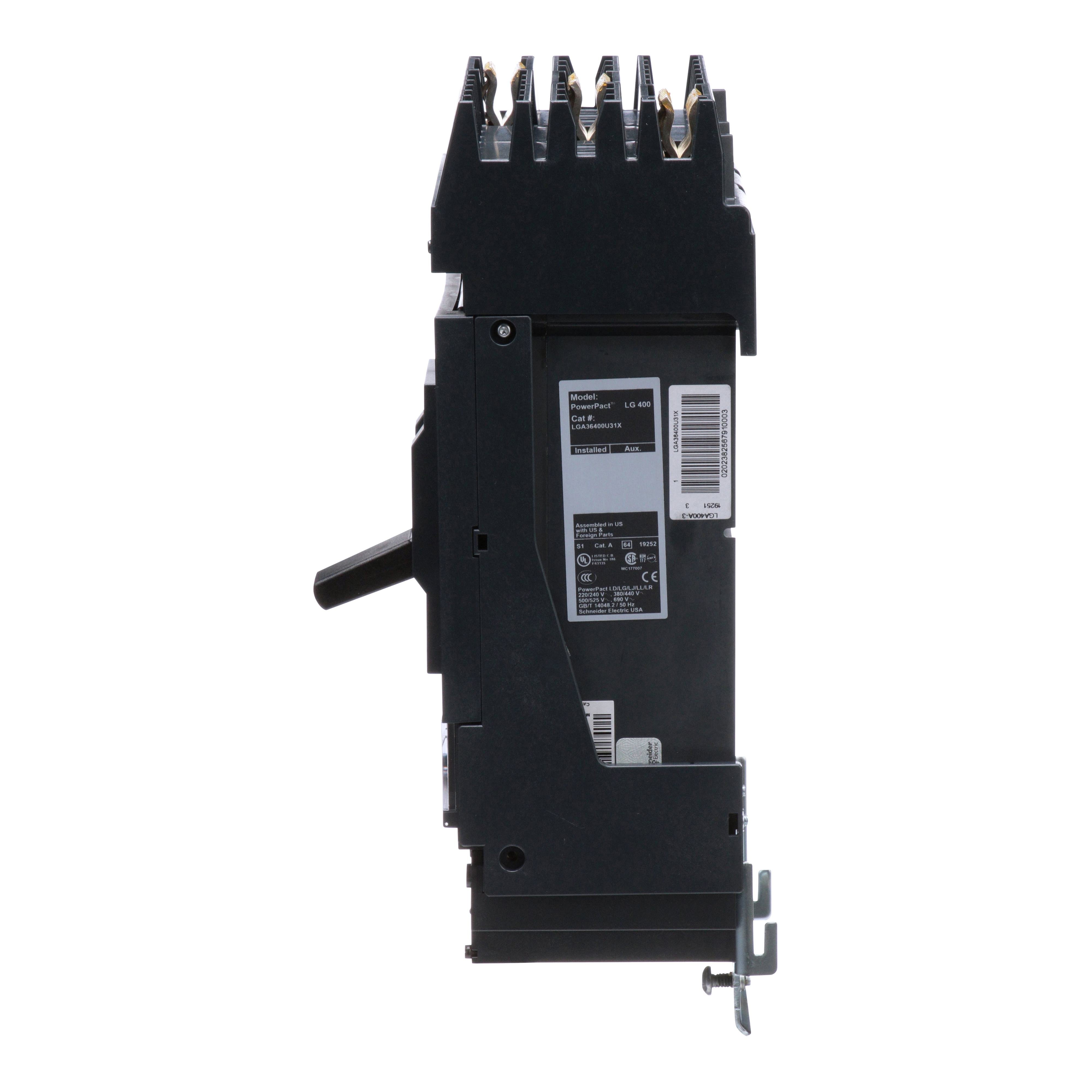 Picture of LGA36400U31X - Circuit breaker, PowerPacT L, 400A, 3 pole, 600VAC, 18kA, I-Line, Micrologic 3.3, 80%, ABC
