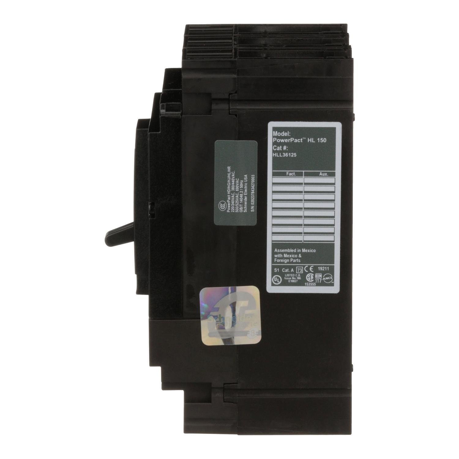 Picture of HLL36125 - Circuit breaker, PowerPacT H, 125A, 3 pole, 600VAC, 50kA, lugs, thermal magnetic, 80%