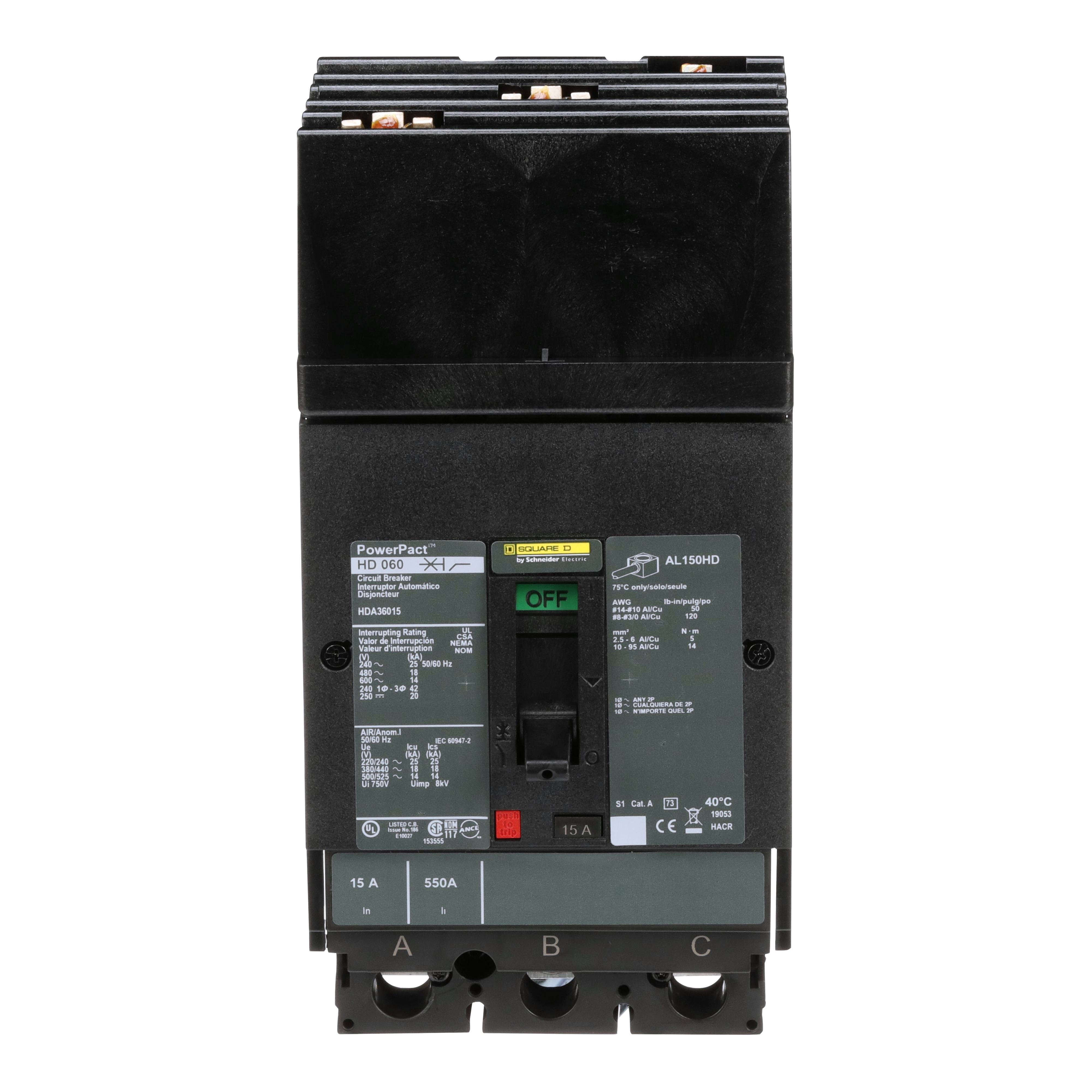 Picture of HDA36015 - Circuit breaker, PowerPacT H, 15A, 3 pole, 600VAC, 14kA, I-Line, thermal magnetic, 80%, ABC