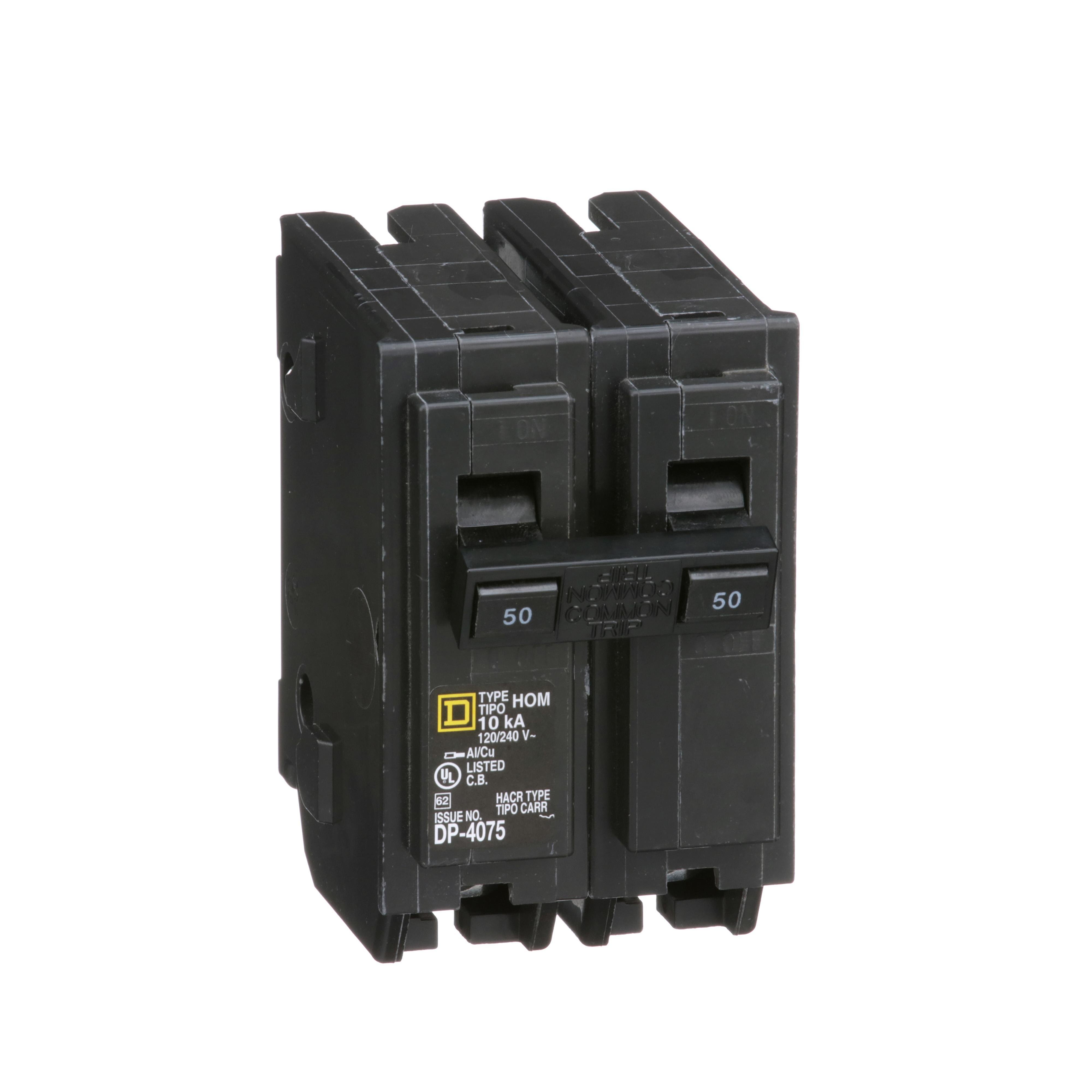 HOM250 - Mini circuit breaker, Homeline, 50A, 2 pole, 120/240VAC, 10kA AIR, standard type, plug in, UL