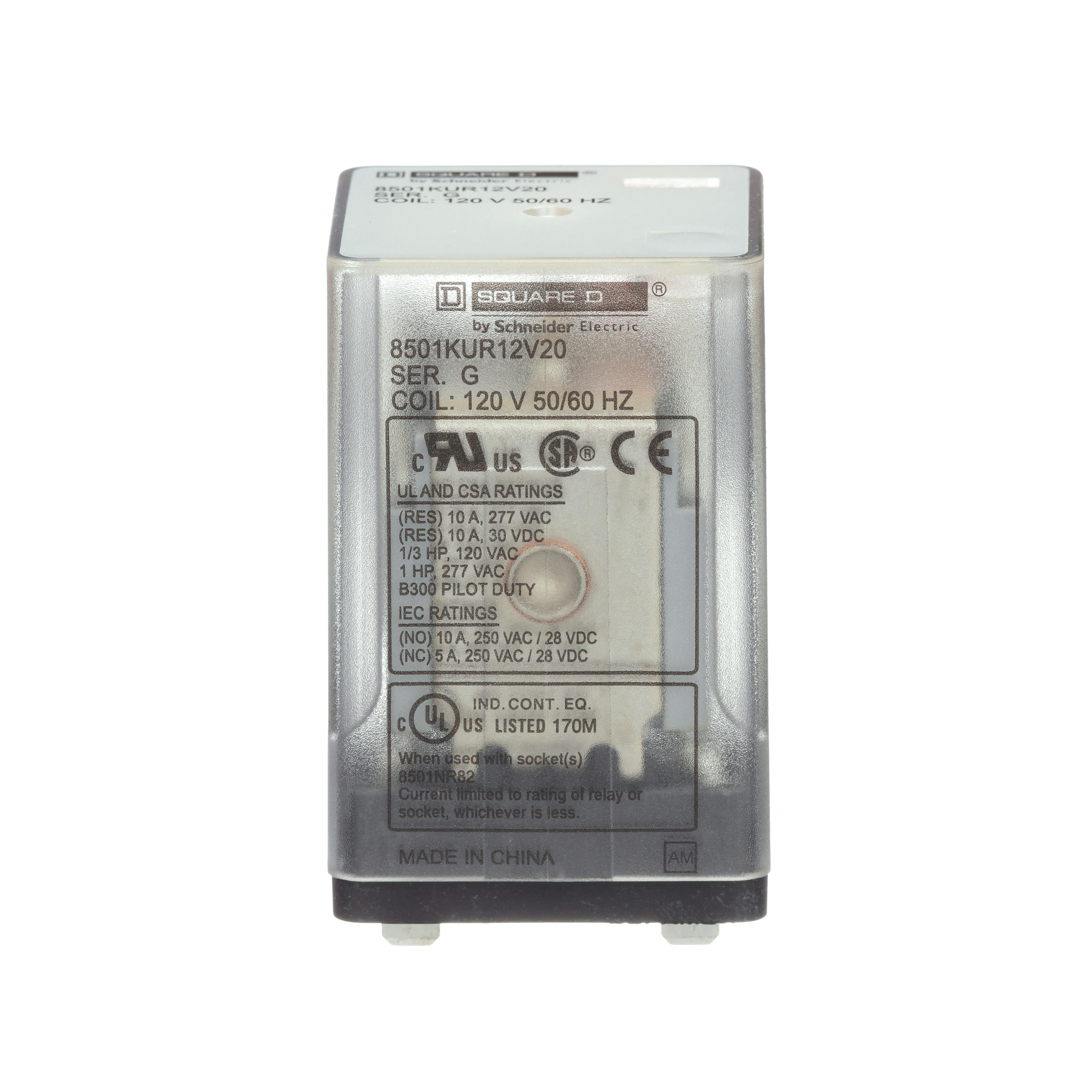 8501KUR12V20 - Plug in relay, Type KU, blade, 0.33 HP at 120 VAC, 10A resistive at 120 VAC, 8 blade, DPDT, 2 NO, 2 NC, 120 VAC coil