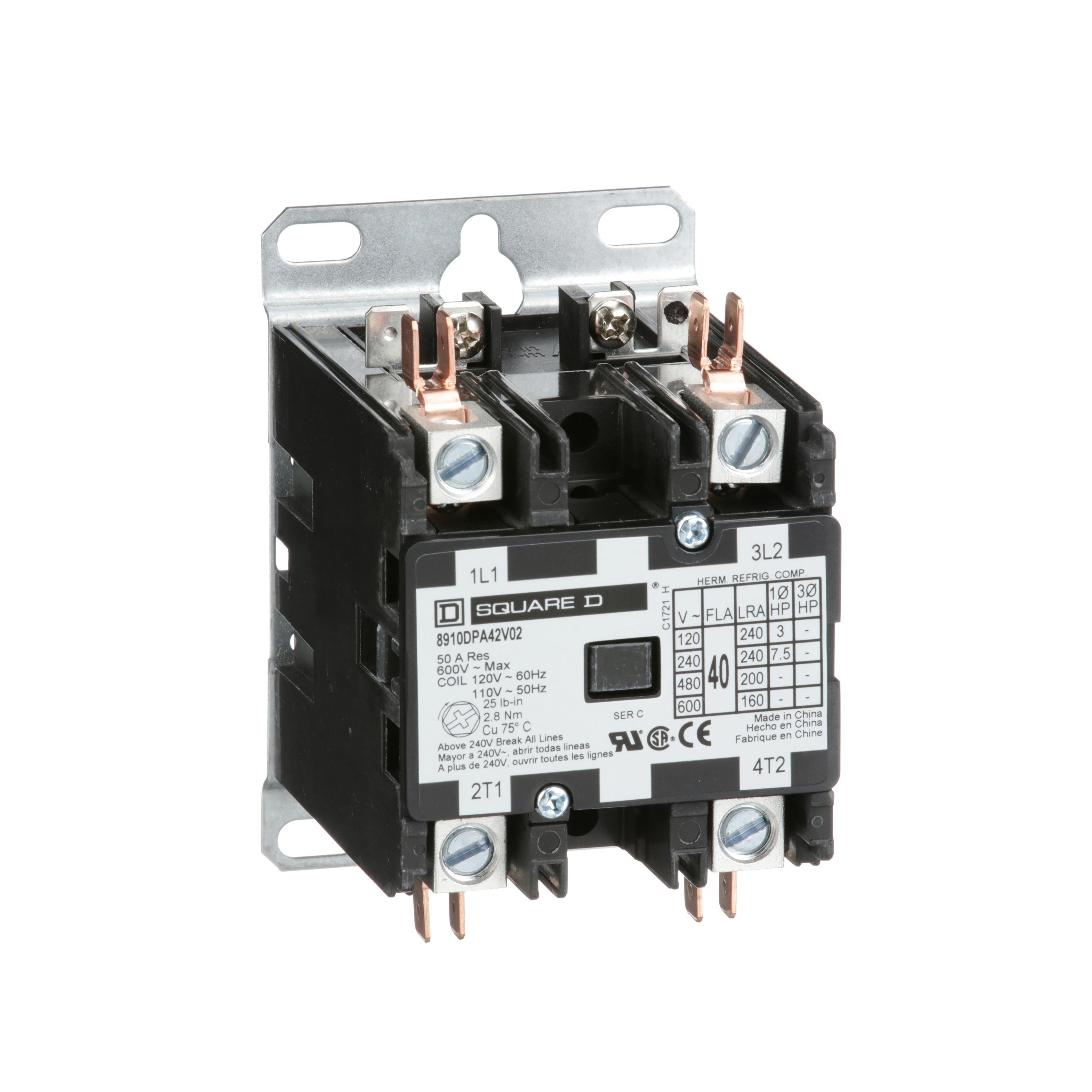 Picture of 8910DPA42V02 - Contactor, Definite Purpose, 40A, 2 pole, 7.5HP at 230VAC, 1 phase, 110/120VAC 50/60Hz coil, open