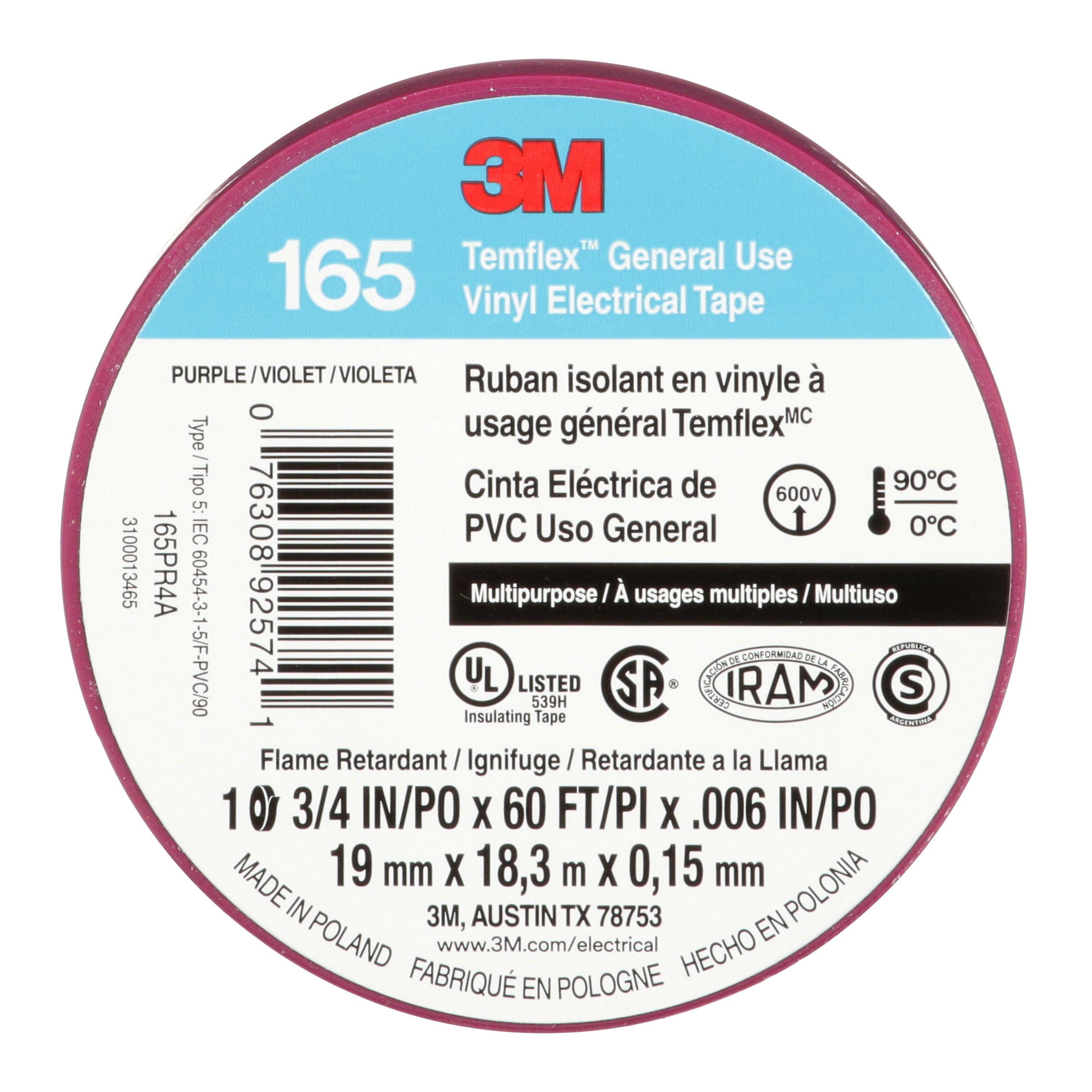 Picture of 7100169434 - 3M™ Temflex™ Vinyl Electrical Tape 165, Purple, 3/4 in x 60 ft (19 mm x 18 m), 6 mil, 100 Rolls/Case