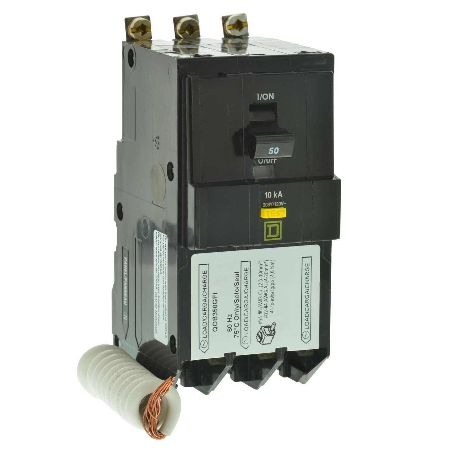 Picture of QOB350GFI - [TAA] Mini circuit breaker, QO, 50A, 3 pole, 208Y/120VAC, 10kA, bolt on, 6mA grd fault A, pigtail