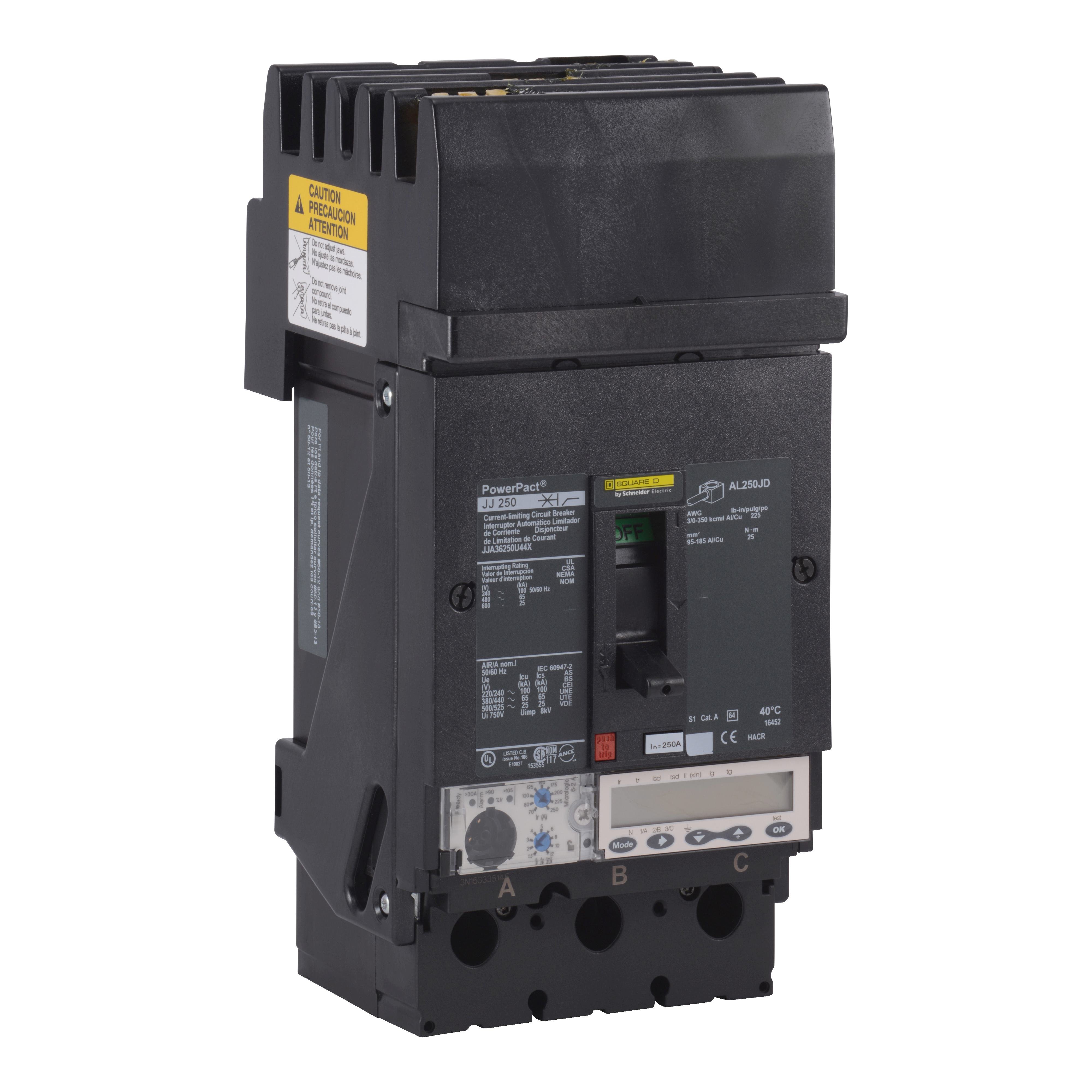 JJA36250U44X - Circuit breaker, PowerPacT J, 250A, 3 pole, 600VAC, 25kA, I-Line, Micrologic 6.2A, 80%, ABC