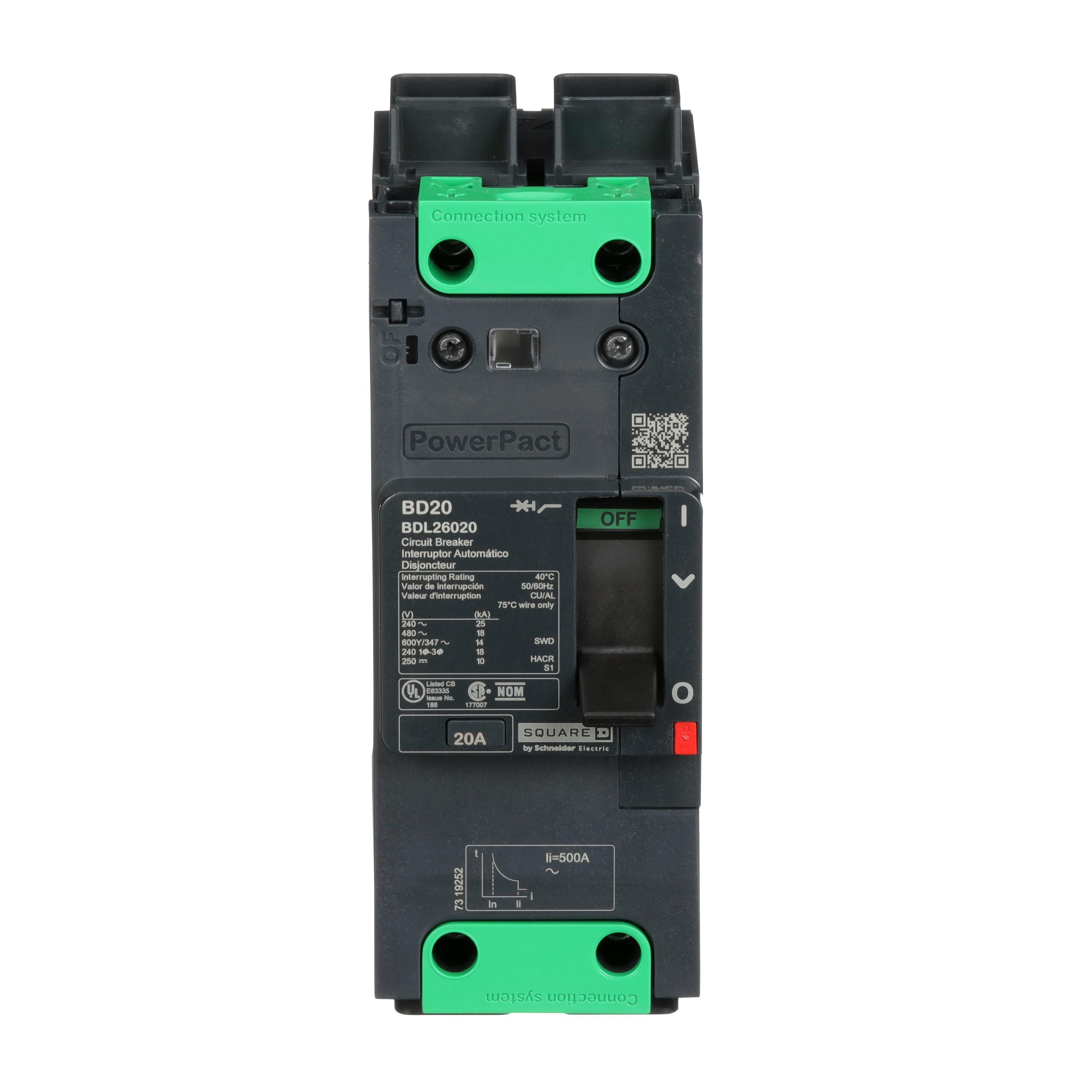 BDL26020 - Circuit breaker, PowerPacT B, 20A, 2 pole, 600Y/347VAC, 14kA, lugs, thermal magnetic, 80%