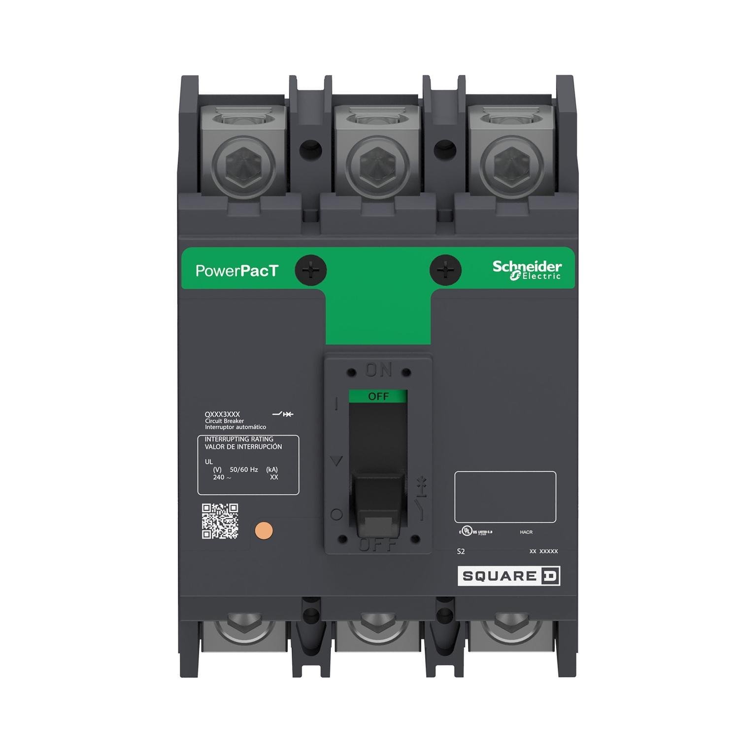 QBP32225TM - Circuit breaker, PowerPacT Q, 225A, 3 pole, 240VAC, 10kA, lugs, thermal magnetic, 80%, bottom of panel