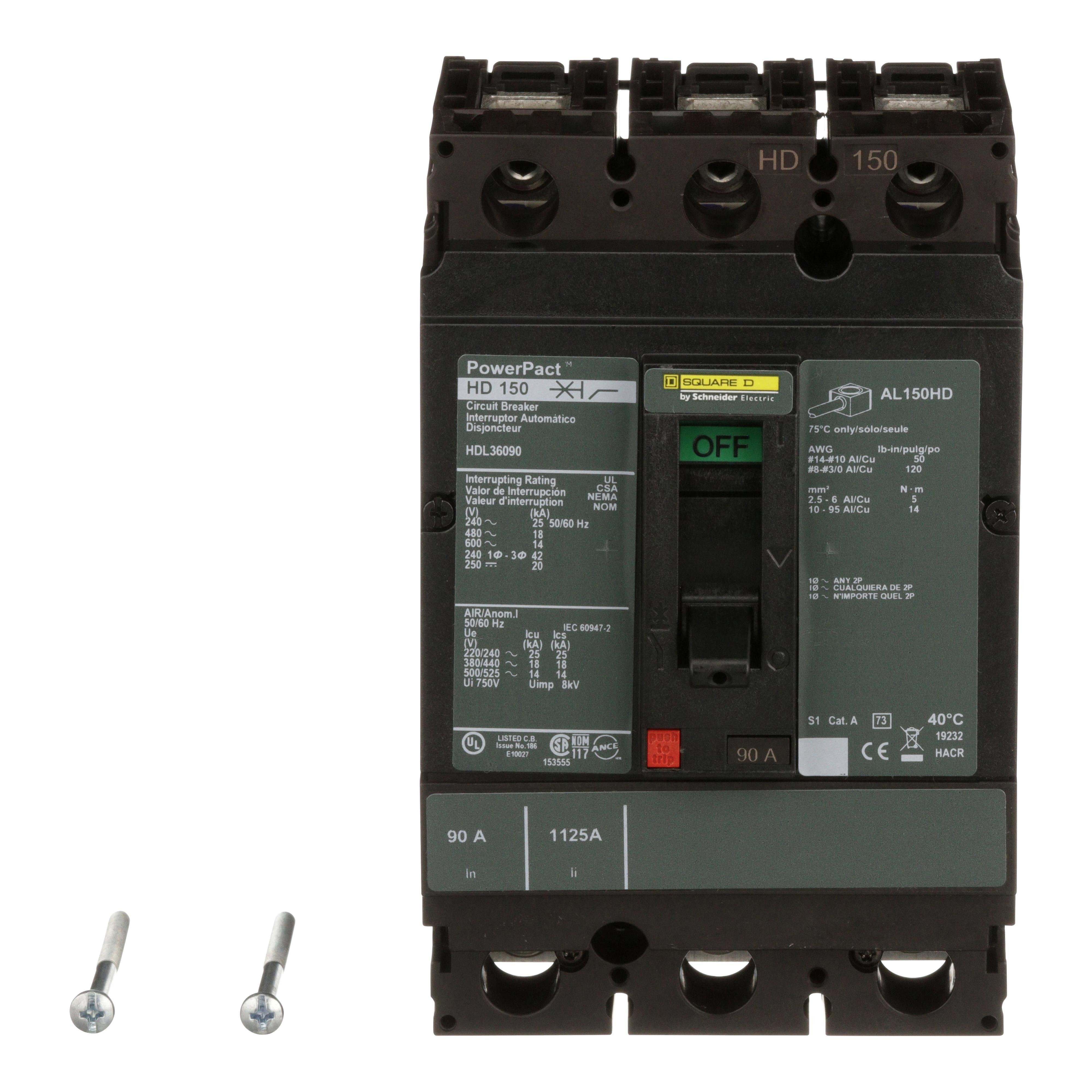 Picture of HDL36090 - Circuit breaker, PowerPacT H, 90A, 3 pole, 600VAC, 14kA, lugs, thermal magnetic, 80%