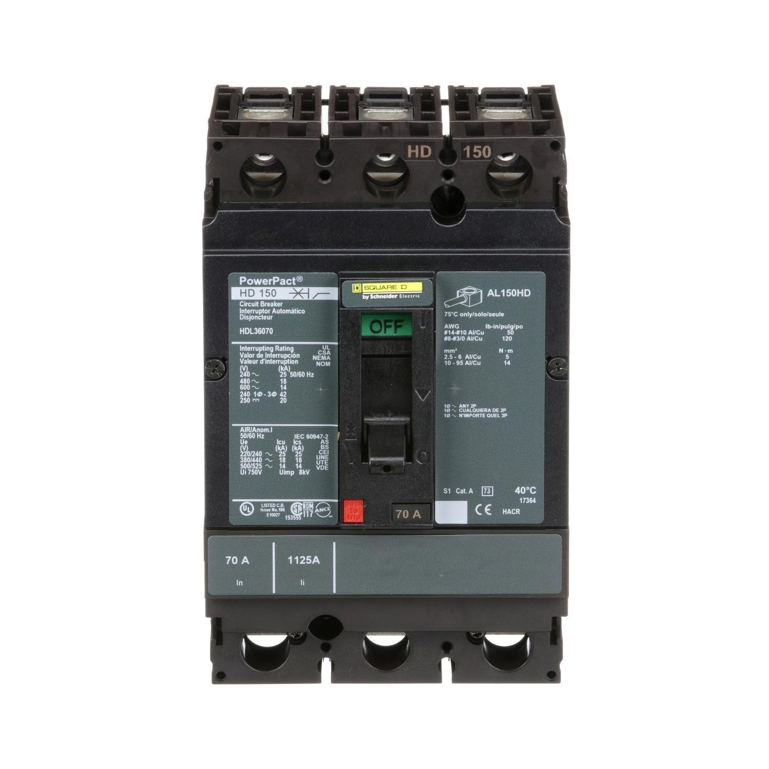HDL36070 - Circuit breaker, PowerPacT H, 70A, 3 pole, 600VAC, 14kA, lugs, thermal magnetic, 80%