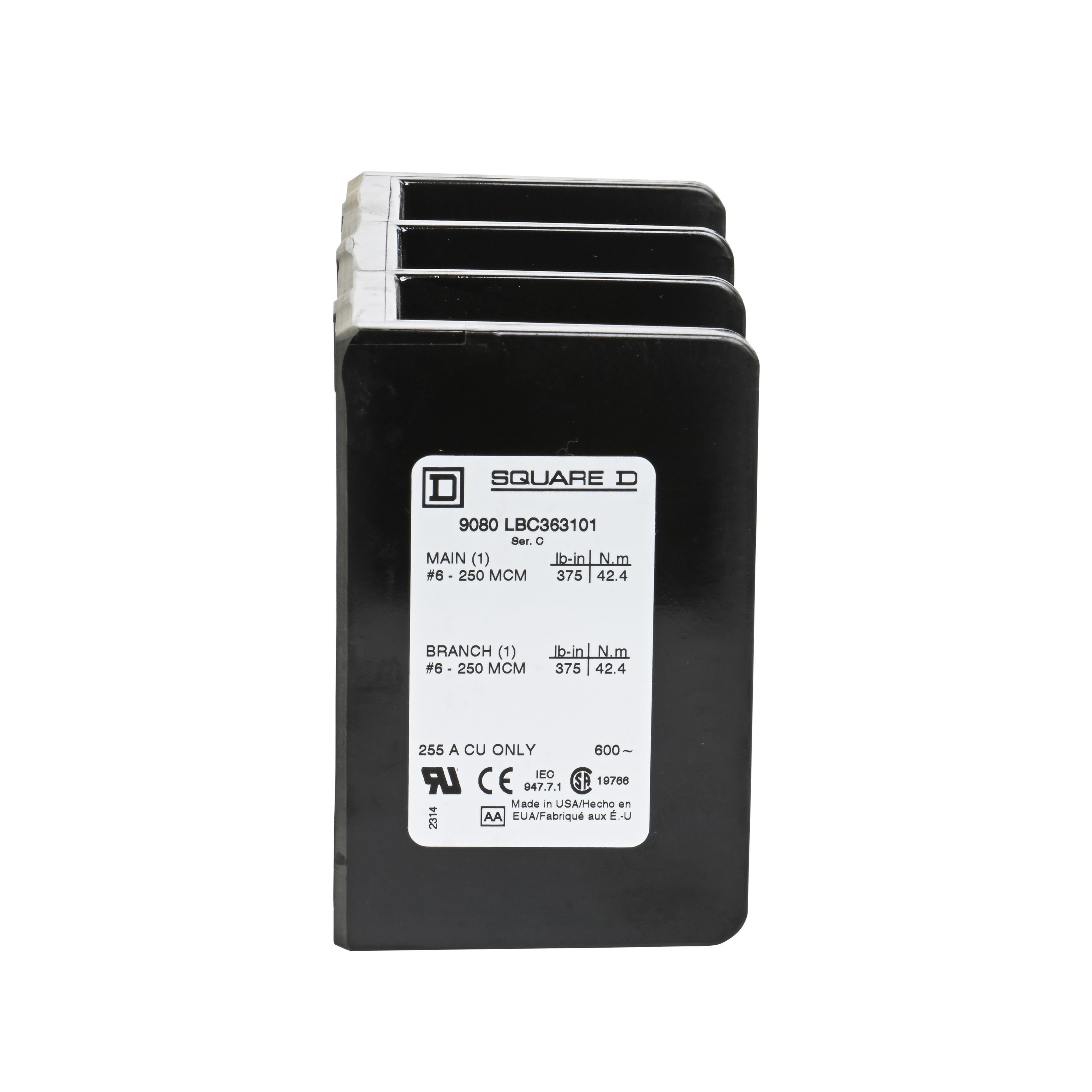 Picture of 9080LBC363101 - Power distribution block, Linergy, 3 pole, 1 line, 1 load, 255A Cu, 600V