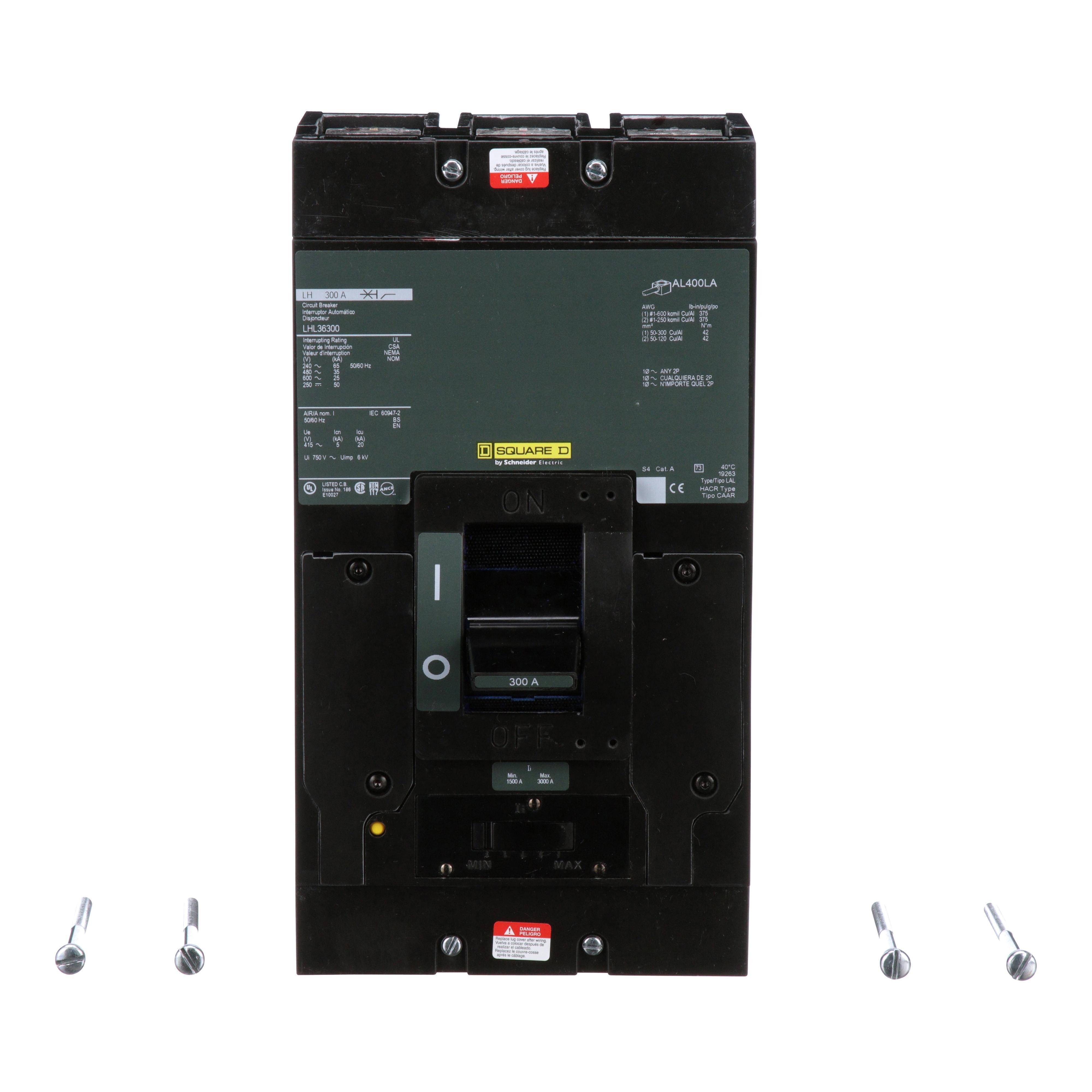 LHL36300 - Circuit breaker, LH, 300A, 3 pole, 600VAC, 25kA, 250VDC, 50kA, lugs, thermal magnetic