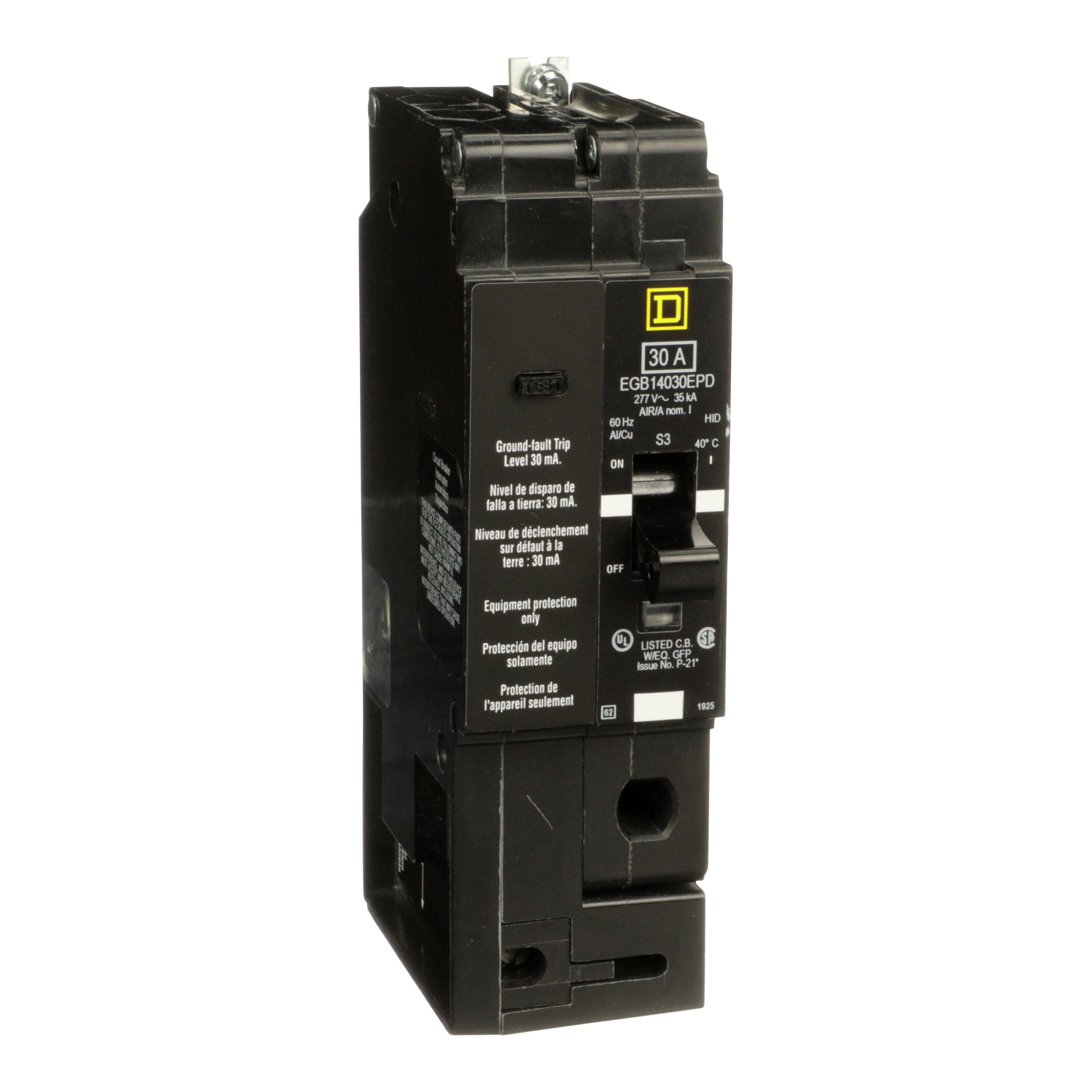 Picture of EGB14030EPD - Mini circuit breaker, E-Frame, 30A, 1 pole, 277VAC, 65kA max, bolt on, 30mA ground fault protection [TAA]
