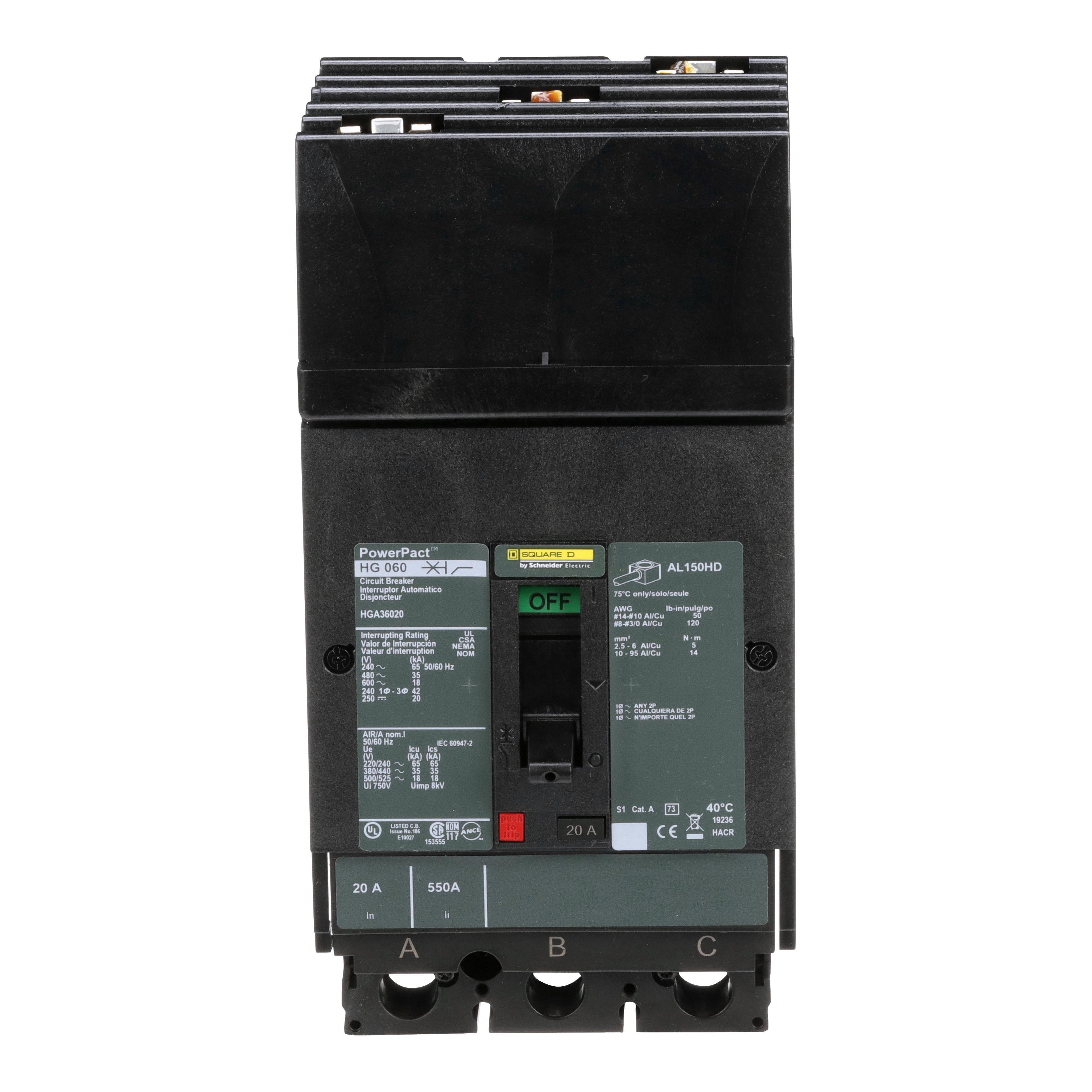 Picture of HGA36020 - Circuit breaker, PowerPacT H, 20A, 3 pole, 600VAC, 18kA, I-Line, thermal magnetic, 80%, ABC