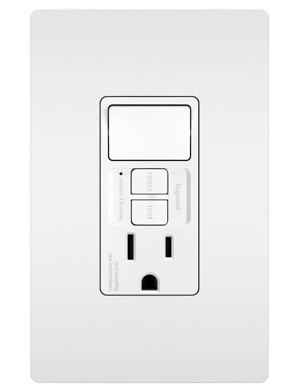Picture of 1597SWTTRWCCD4 - radiant® Combination Single Pole Switch and Tamper-Reistant 15A Duplex Self-Test GFCI Receptacles with SafeLock® Protection, White