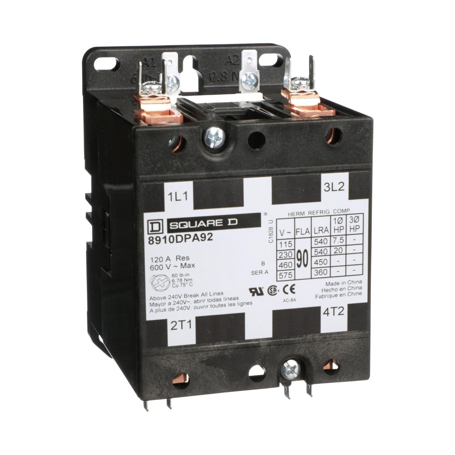 Picture of 8910DPA92V09 - Contactor, Definite Purpose, 90A, 2 pole, 20 HP at 230 VAC, 1 phase, 208/240 VAC 60 Hz 220 VAC 50 Hz coil, open