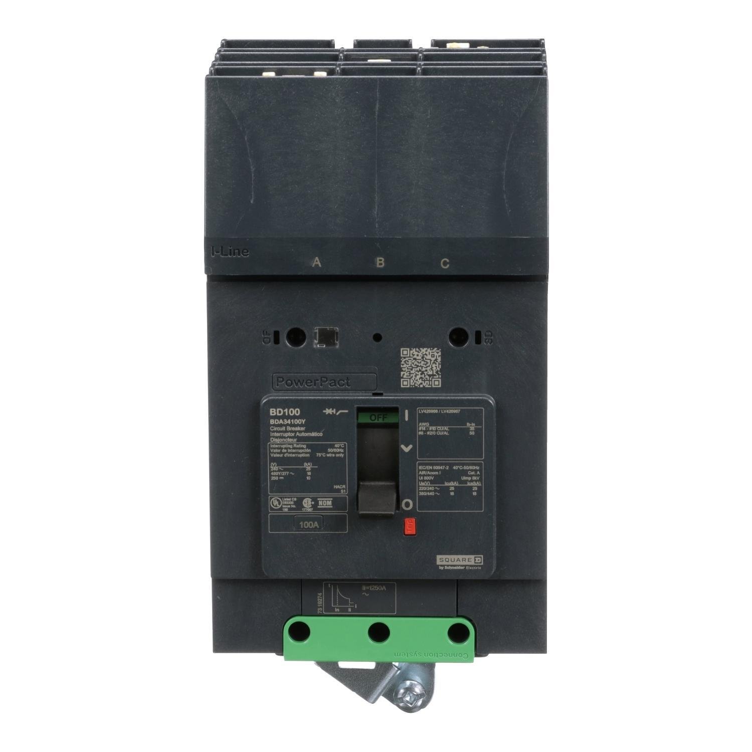 BDA34100Y - Circuit breaker, PowerPacT B, 100A, 3 pole, 480Y/277VAC, 18kA, I-Line, thermal magnetic, 80%, ABC