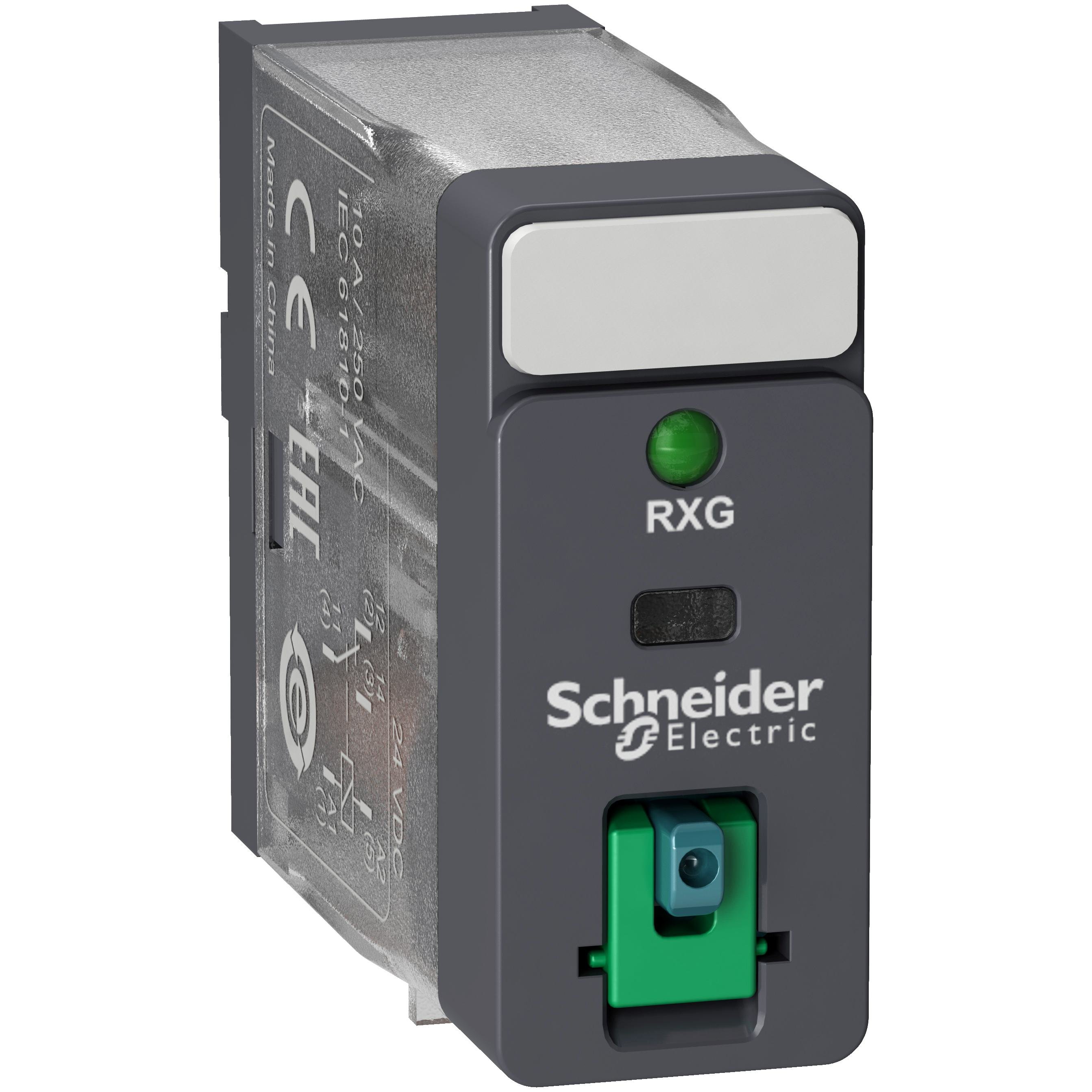 RXG12BD - interface plug in relay, Harmony Electromechanical Relays, 10A, 1CO, with LED, lockable test but to n, 24V DC