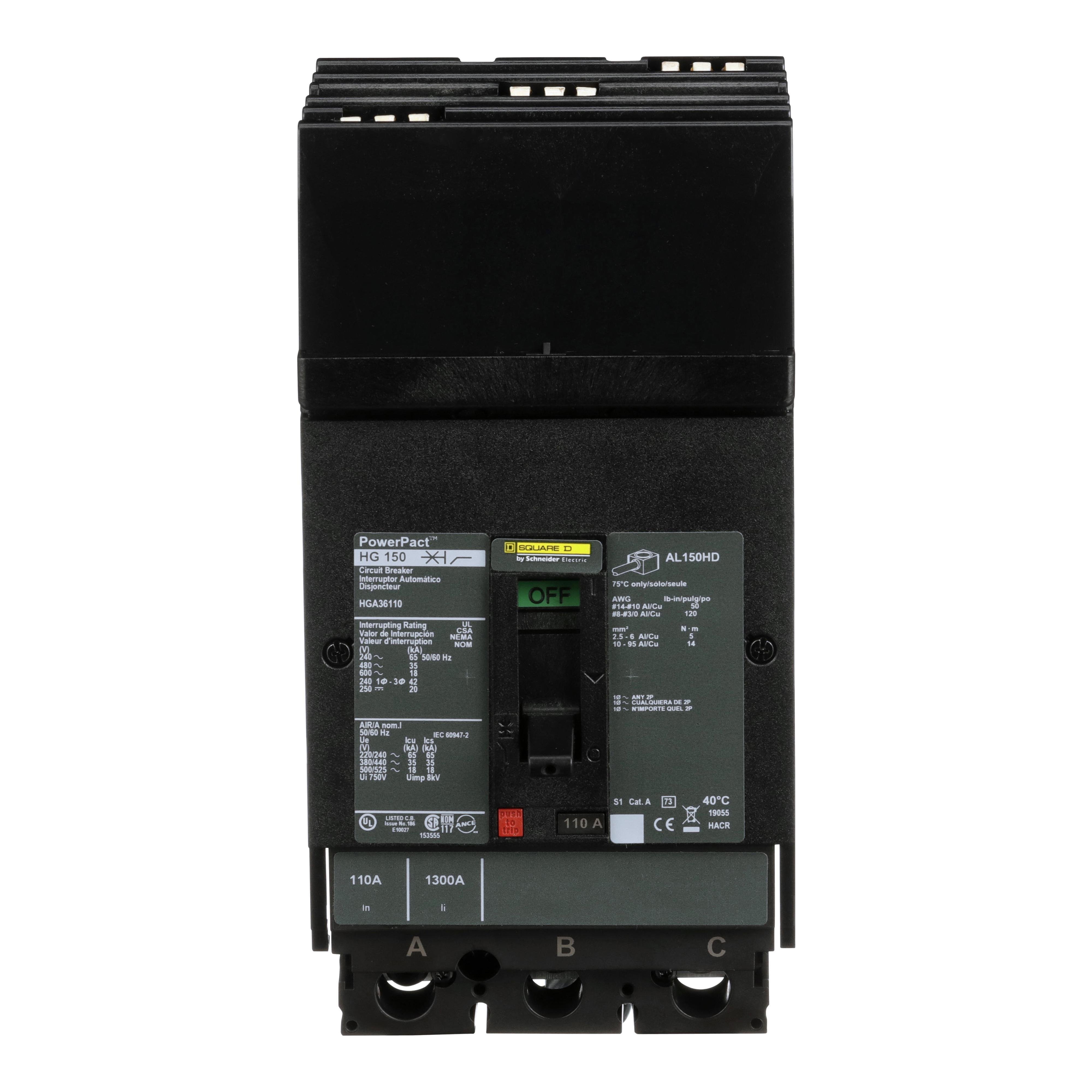 HGA36110 - Circuit breaker, PowerPacT H, 110A, 3 pole, 600VAC, 18kA, I-Line, thermal magnetic, 80%, ABC