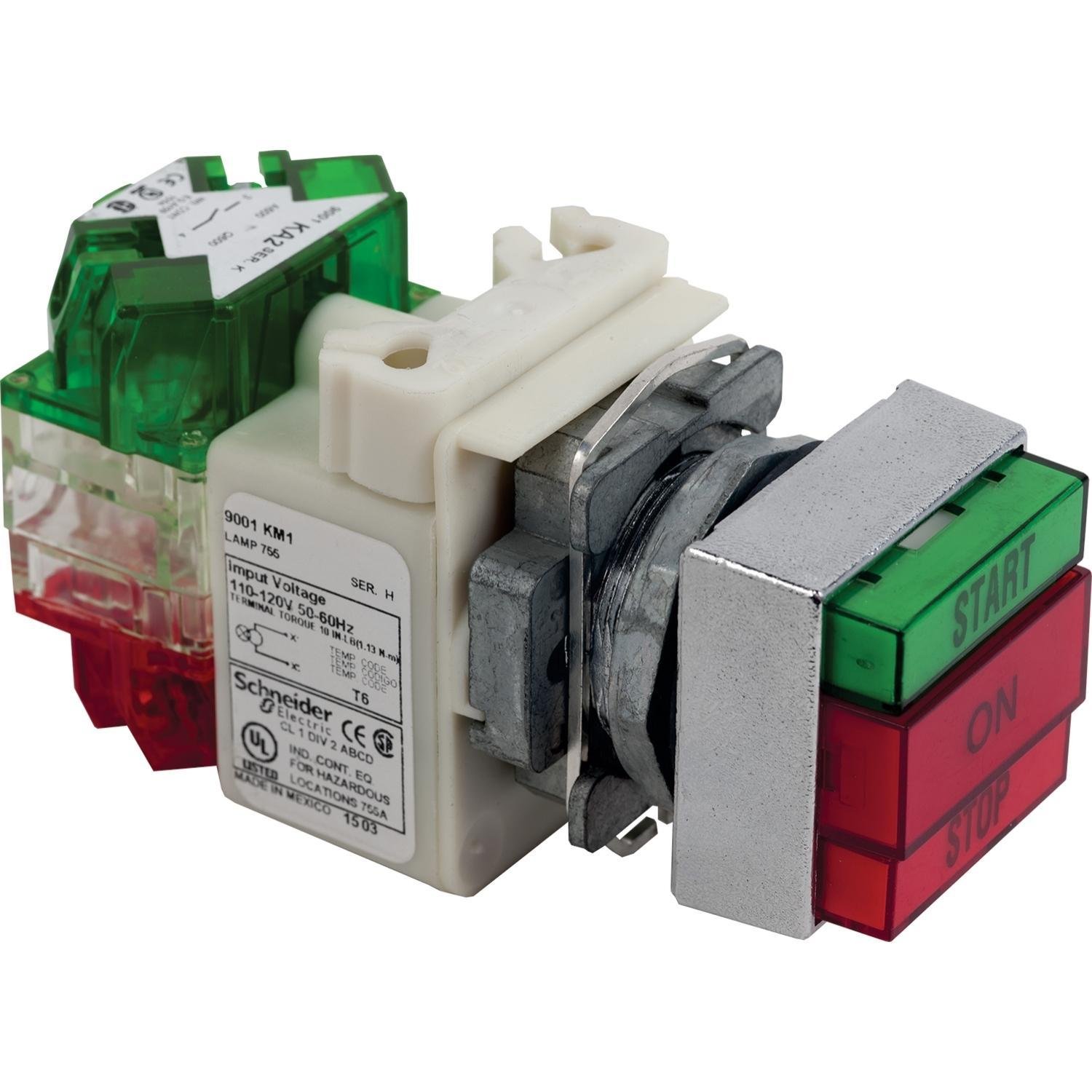 Picture of 9001KXRG137 - Push button, Harmony 9001K, 30mm 2 push buttons, with pilot light, green marked START / red ON / red marked STOP, 10A, 600V AC, 1NO + 1NC