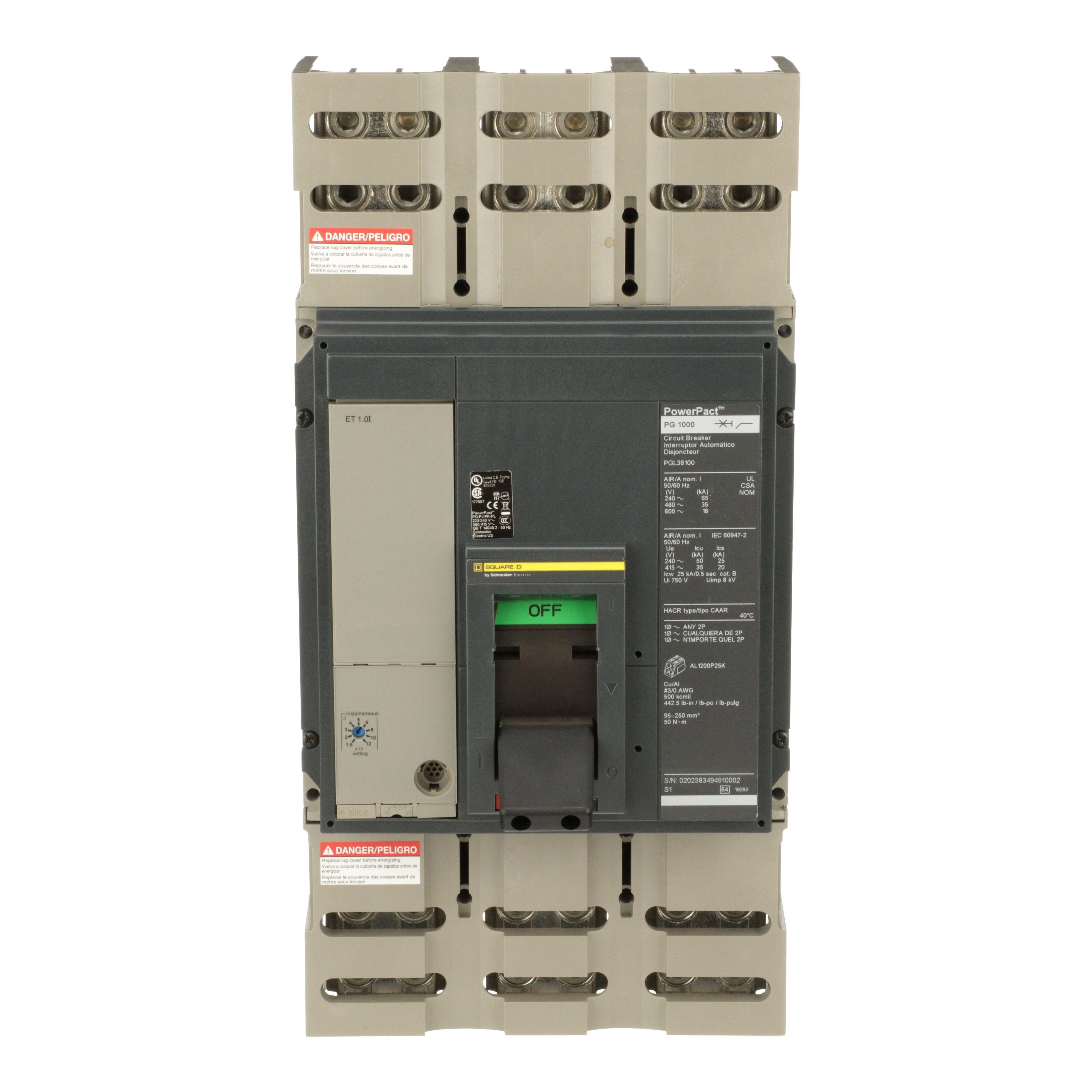 PGL36100 - Circuit breaker, PowerPacT P, 1000A, 3 pole, 600VAC, 18kA, lugs, ET1.0l, 80%