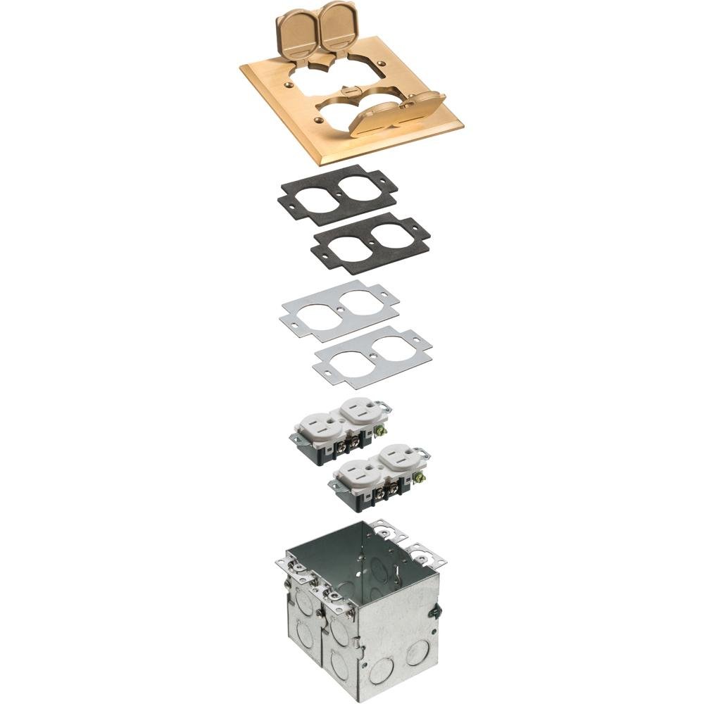 FLB5551MB - Floor box kit with steel box and metal cover with four flip lids. 2 Gang with gasket and two tamper resistant receptacle. Brass.