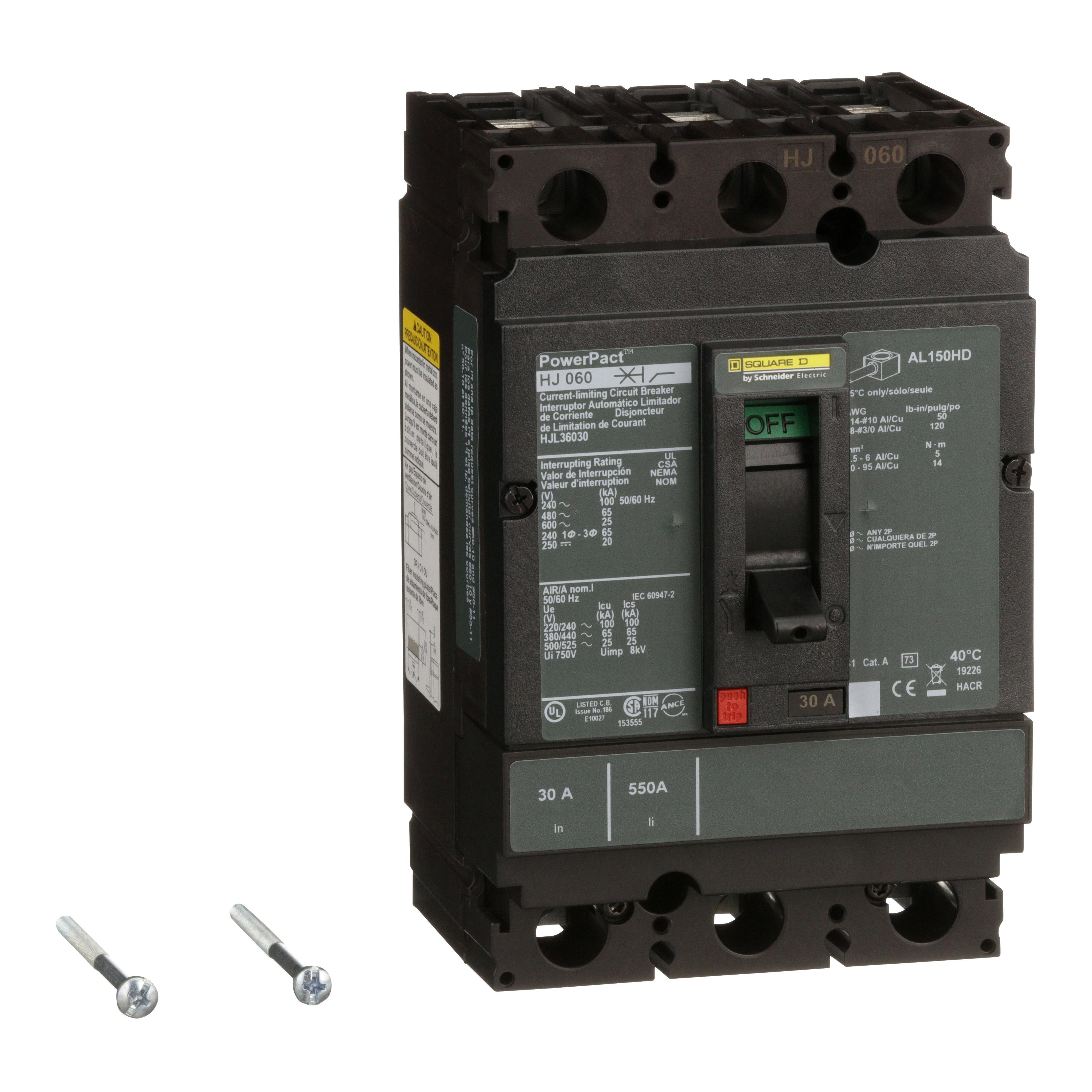 HJL36030 - Circuit breaker, PowerPacT H, 30A, 3 pole, 600VAC, 25kA, lugs, thermal magnetic, 80%