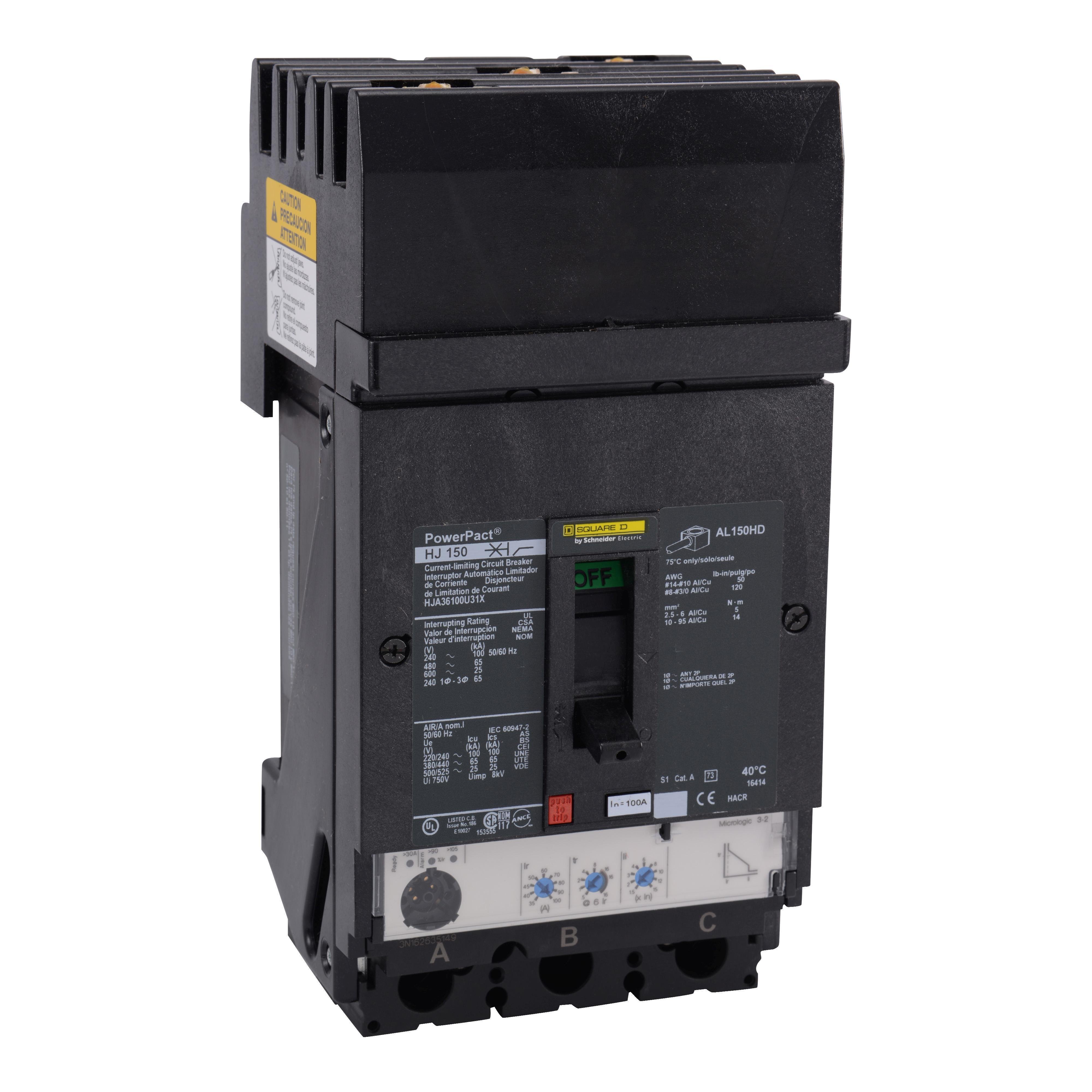 HJA36100U31X - Circuit breaker, PowerPacT H, 100A, 3 pole, 600VAC, 25kA, I-Line, Micrologic 3.2, 80%, ABC