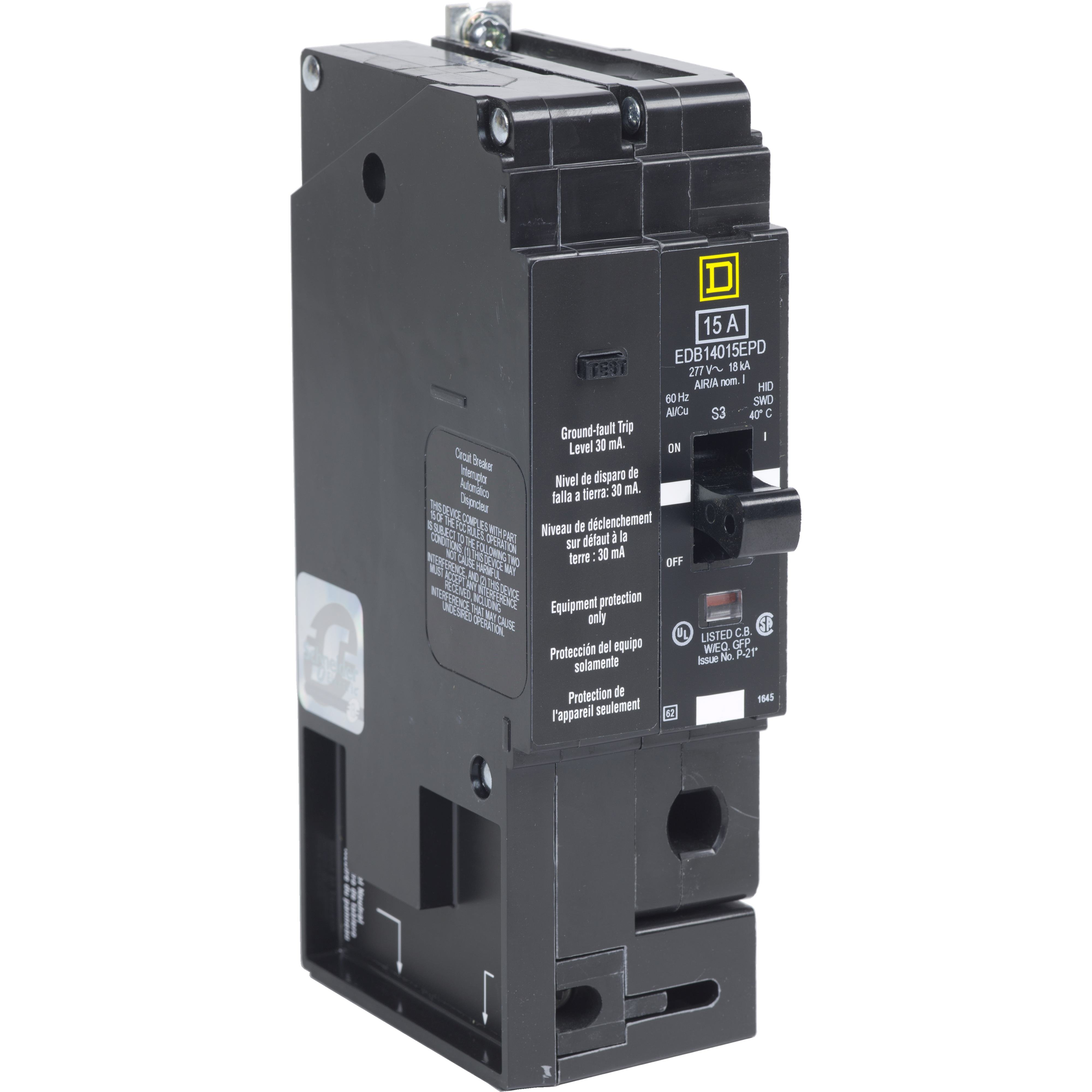 EJB14030EPD - Mini circuit breaker, E-Frame, 30A, 1 pole, 277VAC, 100kA max, bolt on, 30mA ground fault protection [TAA]