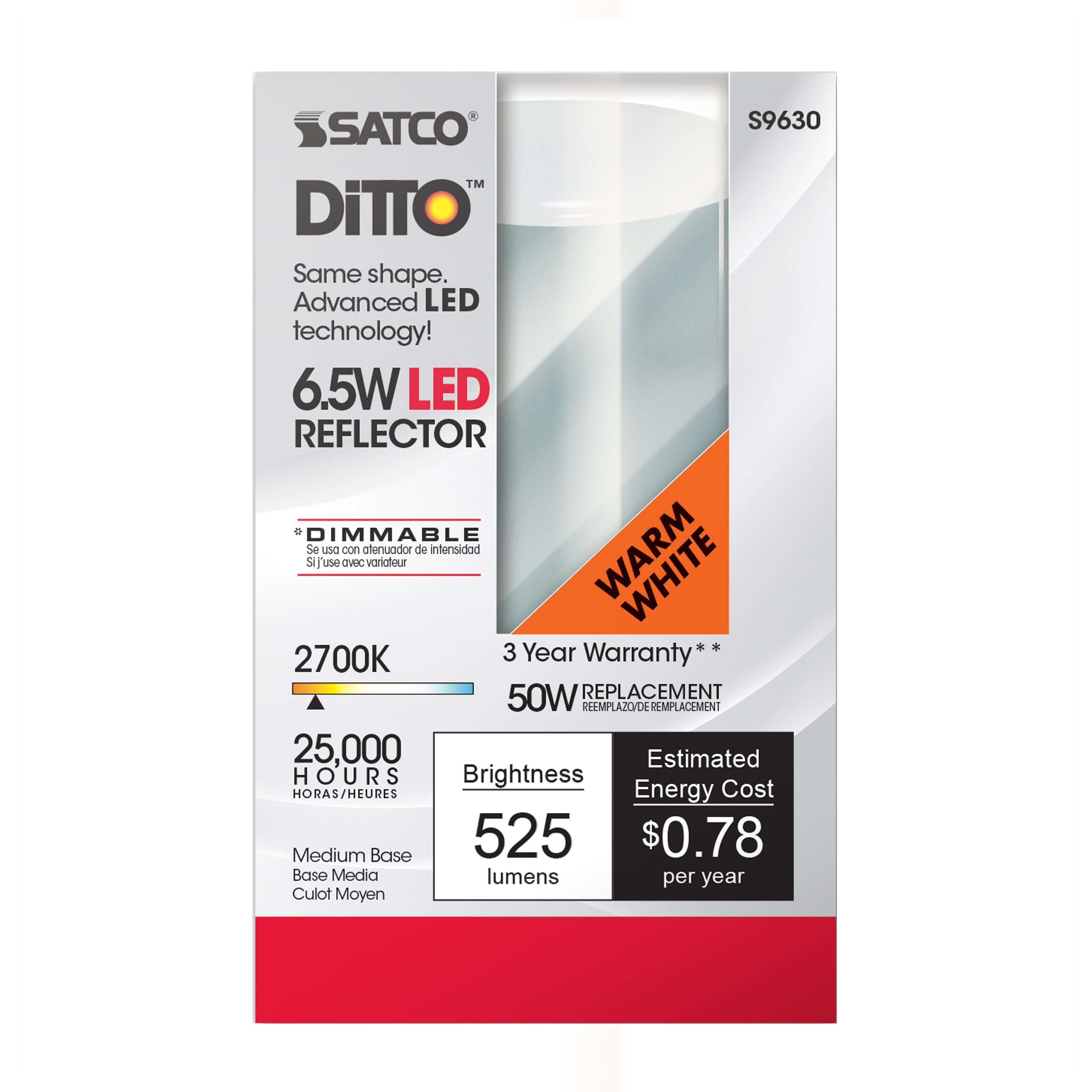 Picture of S9630 - 6.5 Watt - LED R20 - 2700K - 107 deg. Beam Angle - Medium base - 120 Volt - Dimmable