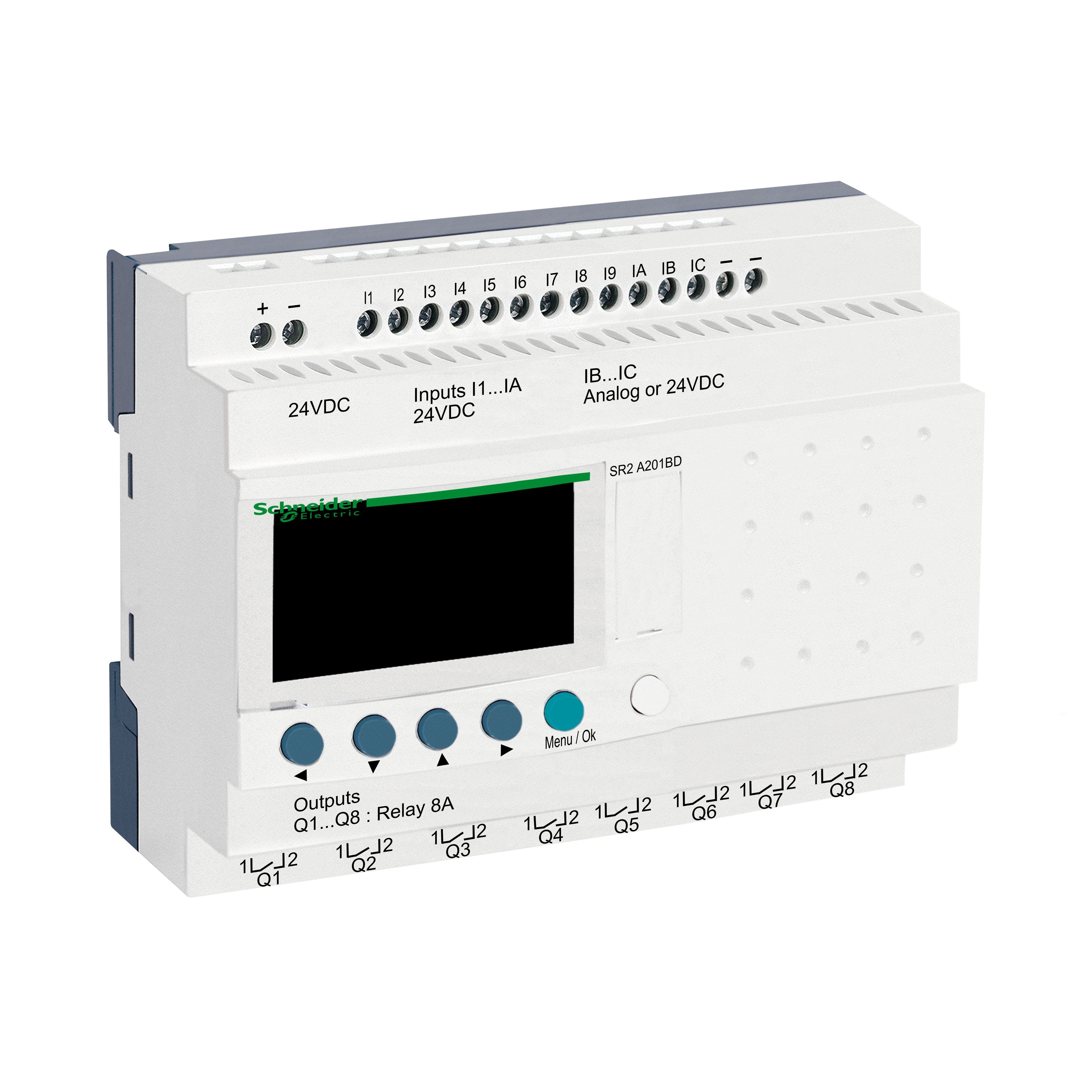 SR2A201BD - compact smart relay, Zelio Logic SR2 SR3, 20 IO, 24V DC, no clock, display