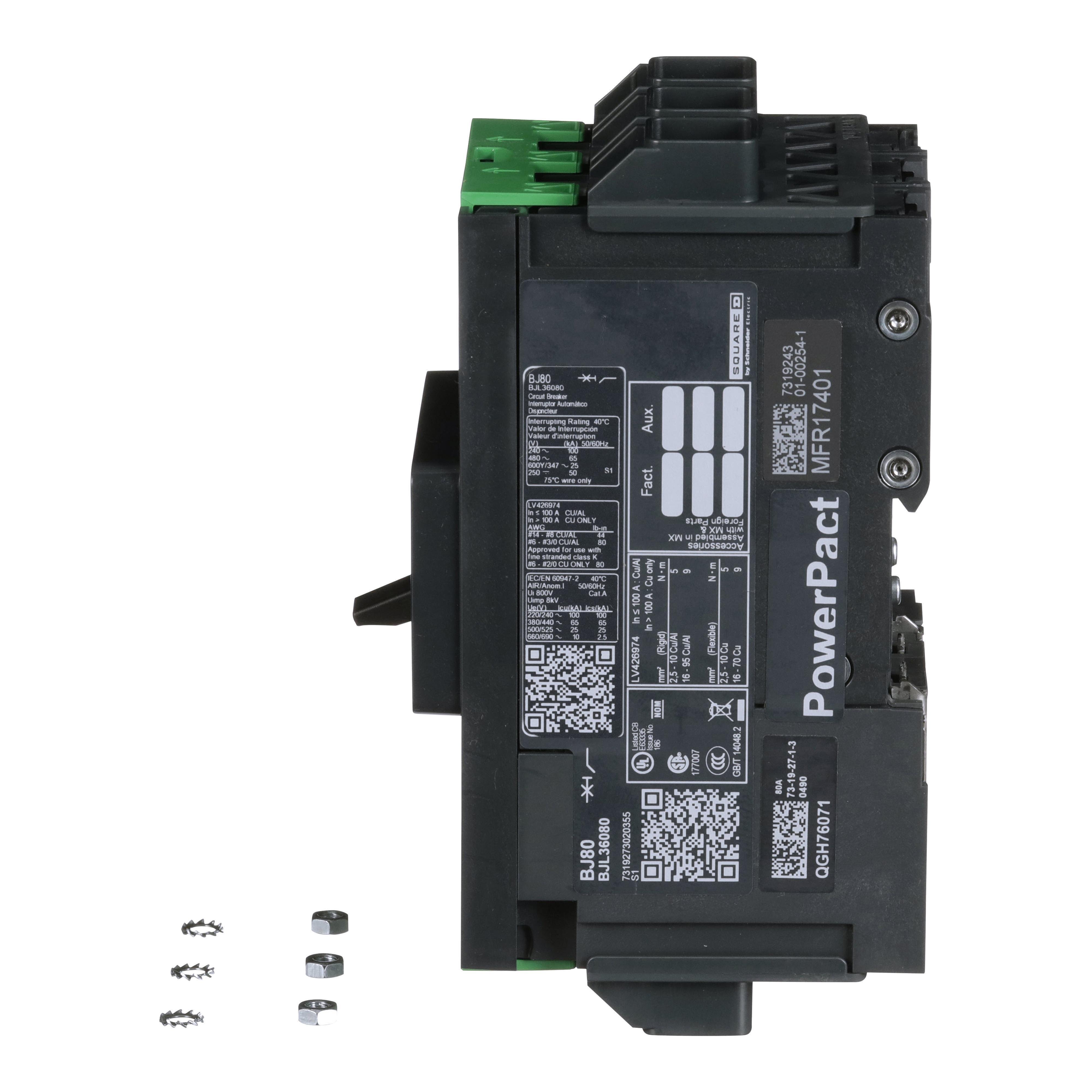 Picture of BJL36080 - Circuit breaker, PowerPacT B, 80A, 3 pole, 600Y/347VAC, 25kA, lugs, thermal magnetic, 80%