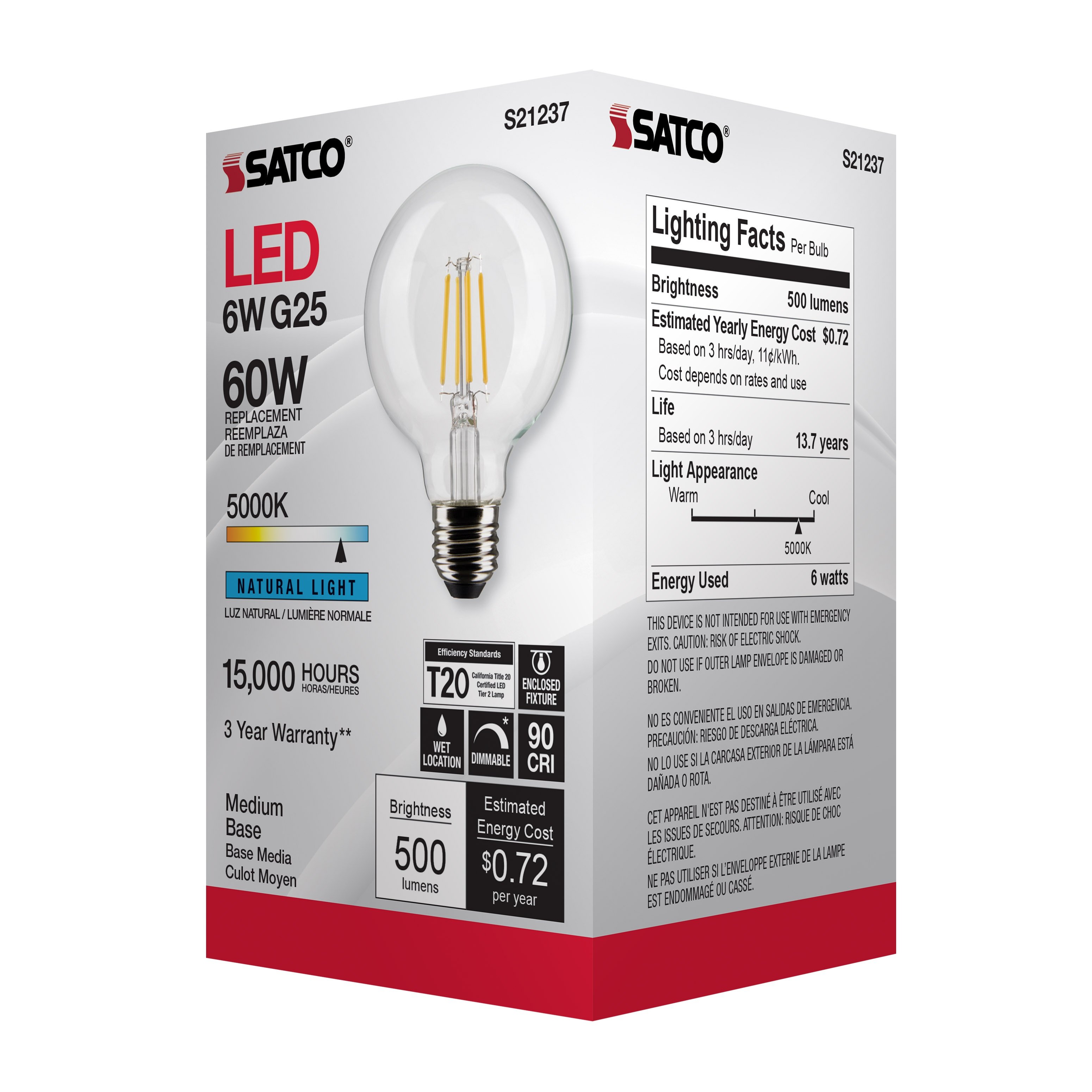 Picture of S21237 - 6 Watt G25 LED - Clear - Medium base - 90 CRI - 5000K - 120 Volt