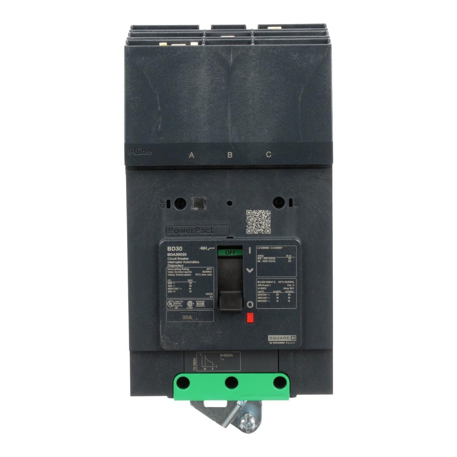 BDA36030 - Circuit breaker, PowerPacT B, 30A, 3 pole, 600Y/347VAC, 14kA, I-Line, thermal magnetic, 80%, ABC