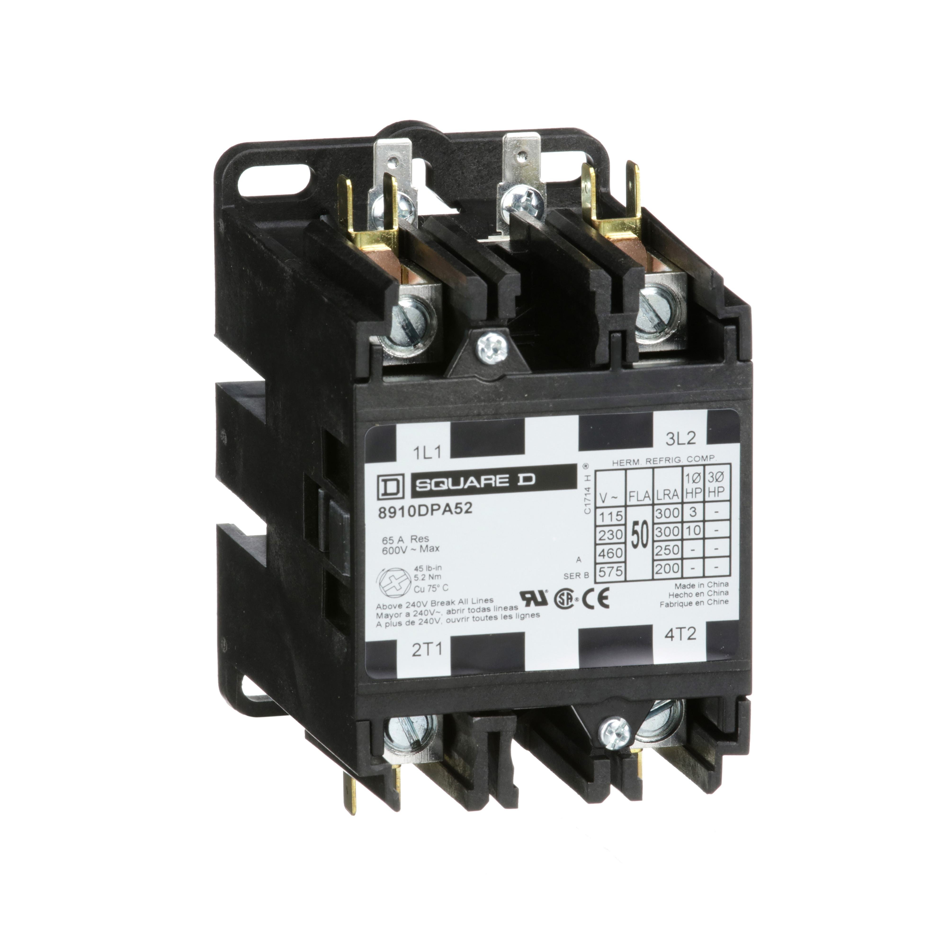 Picture of 8910DPA52V02 - Contactor, Definite Purpose, 50A, 2 pole, 10HP at 230VAC, 1 phase, 110/120VAC 50/60Hz coil, open