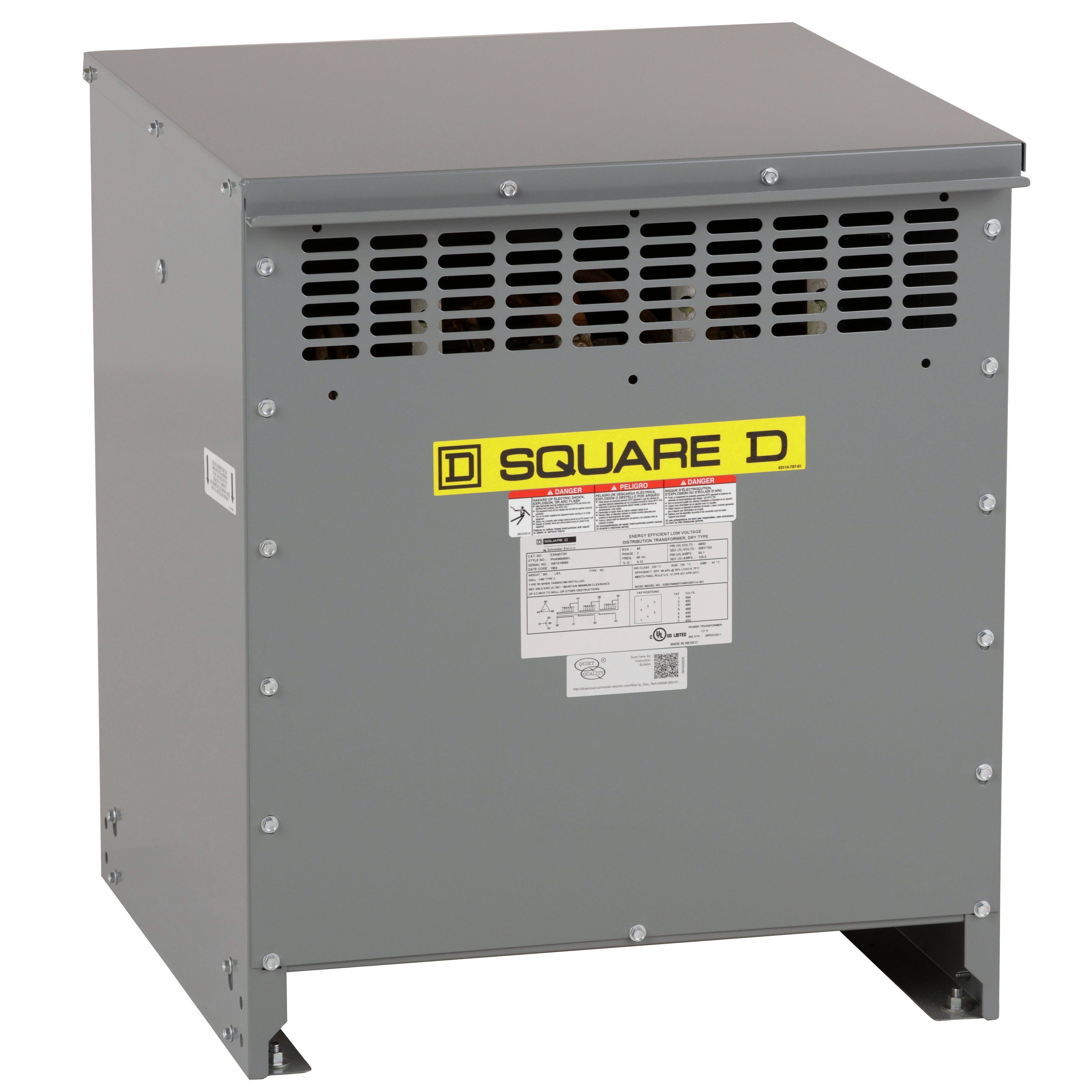 EXN45T3HBCU - Transformer, dry type, DOE 2016, 45kVA, 3 phase, 480V delta primary, 208Y/120V secondary, 19M, 80C rise, Cu