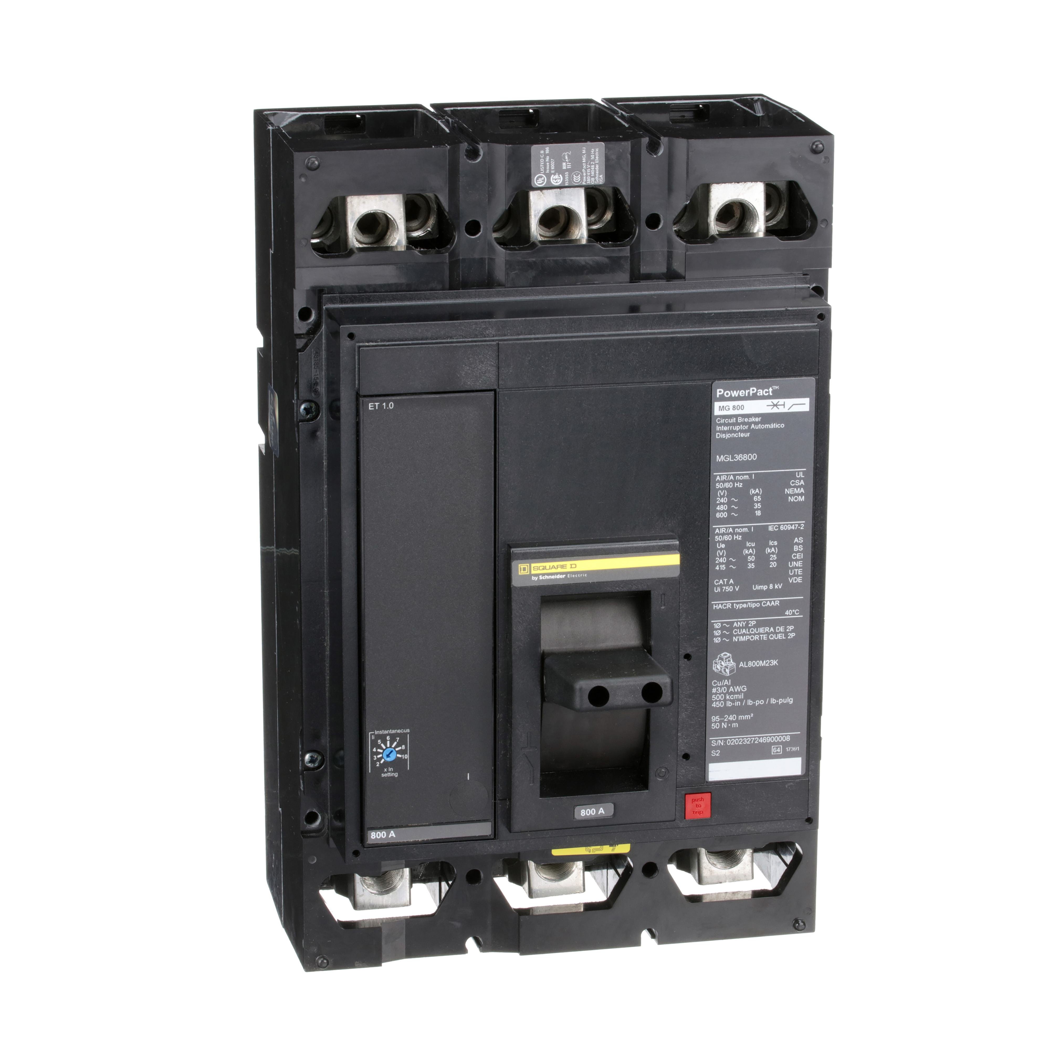 MGL36800 - Circuit breaker, PowerPacT M, 800A, 3 pole, 600VAC, 18kA, lugs, ET 1.0, 80%