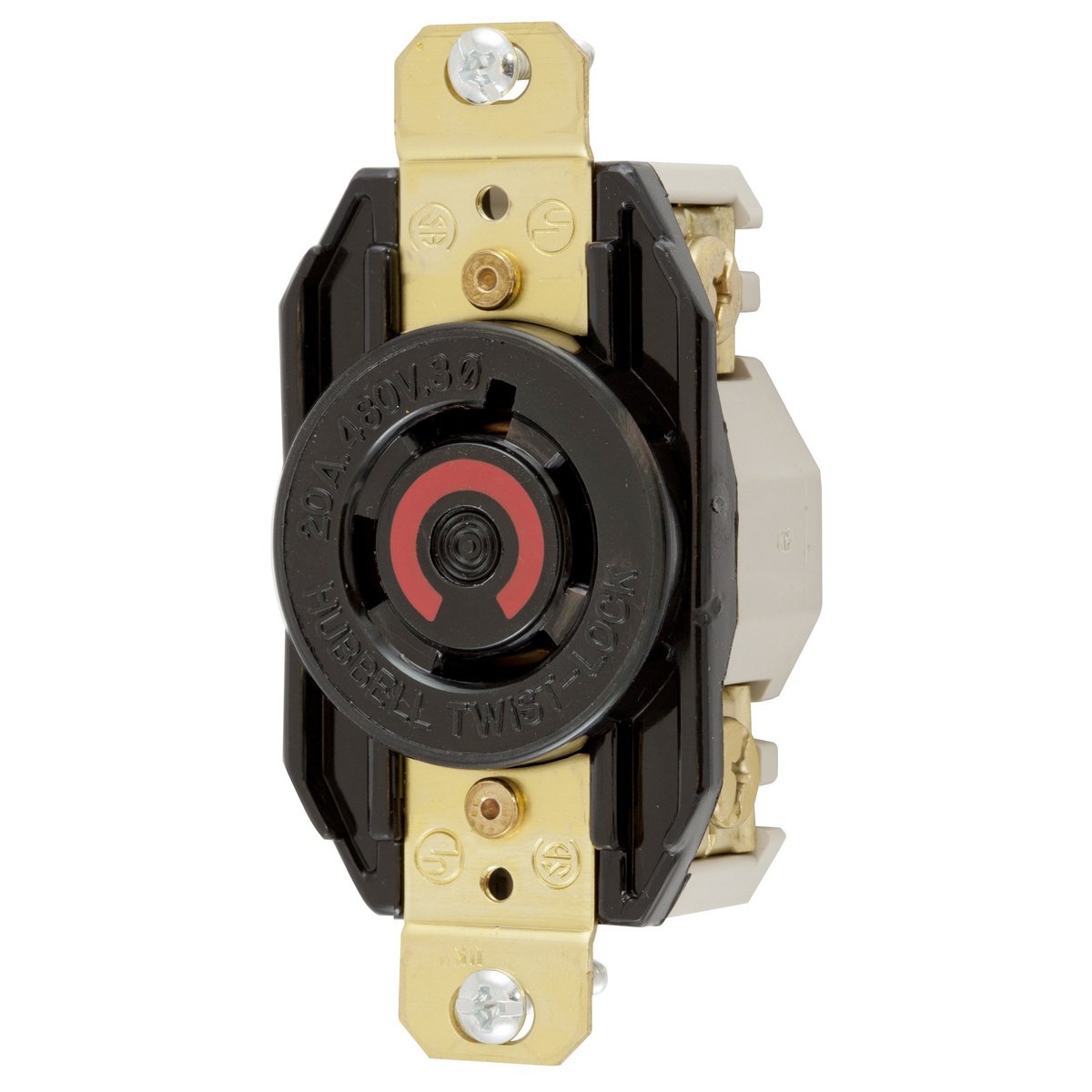 HBL2430 - Locking Devices, Twist-Lock®, Industrial, Flush Receptacle, 20A 3-Phase Delta 480V AC, 3-Pole 4-Wire Grounding, L16-20R, Screw Terminal, Black