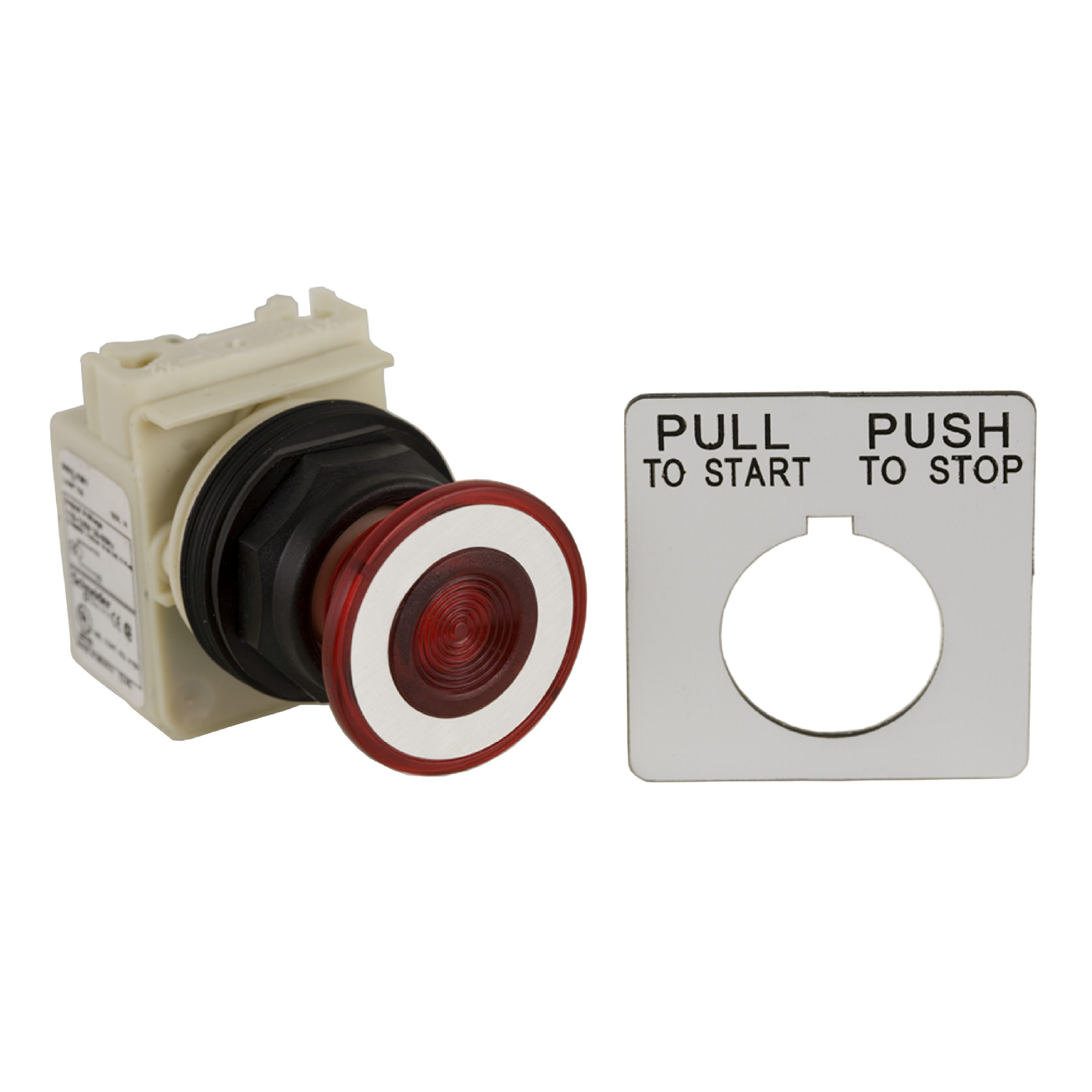 9001SKR9P1R - Illuminated push button head, Harmony 9001SK, plastic, mushroom 41mm, red, 30mm, 2 positions, push-pull, 110...120V