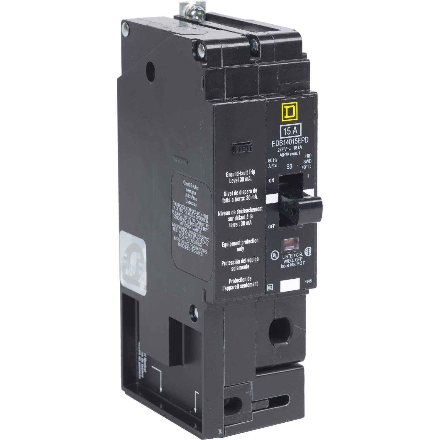EDB14030EPD - Mini circuit breaker, E-Frame, 30A, 1 pole, 277VAC, 25kA max, bolt on, 30mA ground fault protection [TAA]