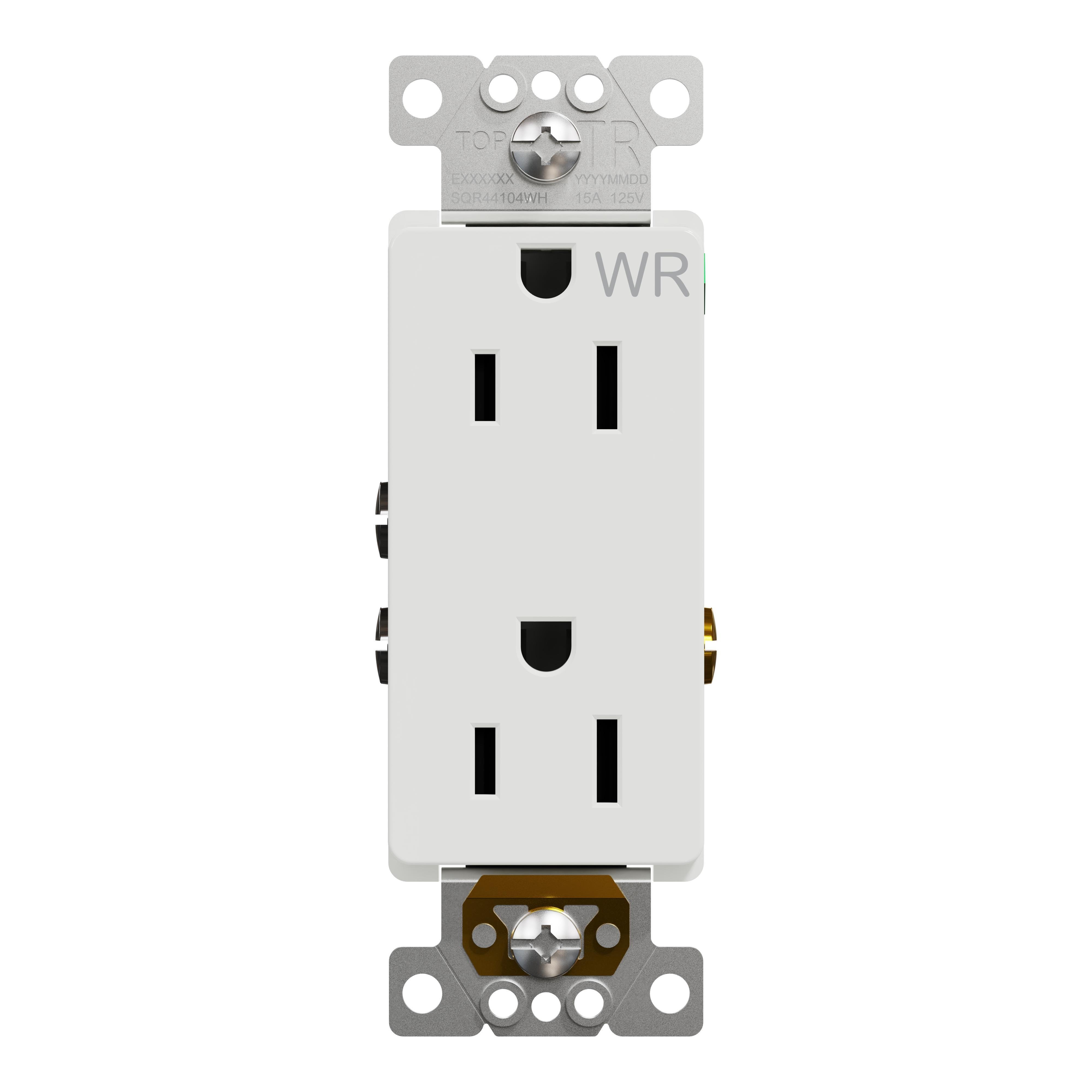 SQR44104WH - Socket-outlet, X Series, 15A, decorator, tamper resistant, weatherproof, residential, white, matte finish