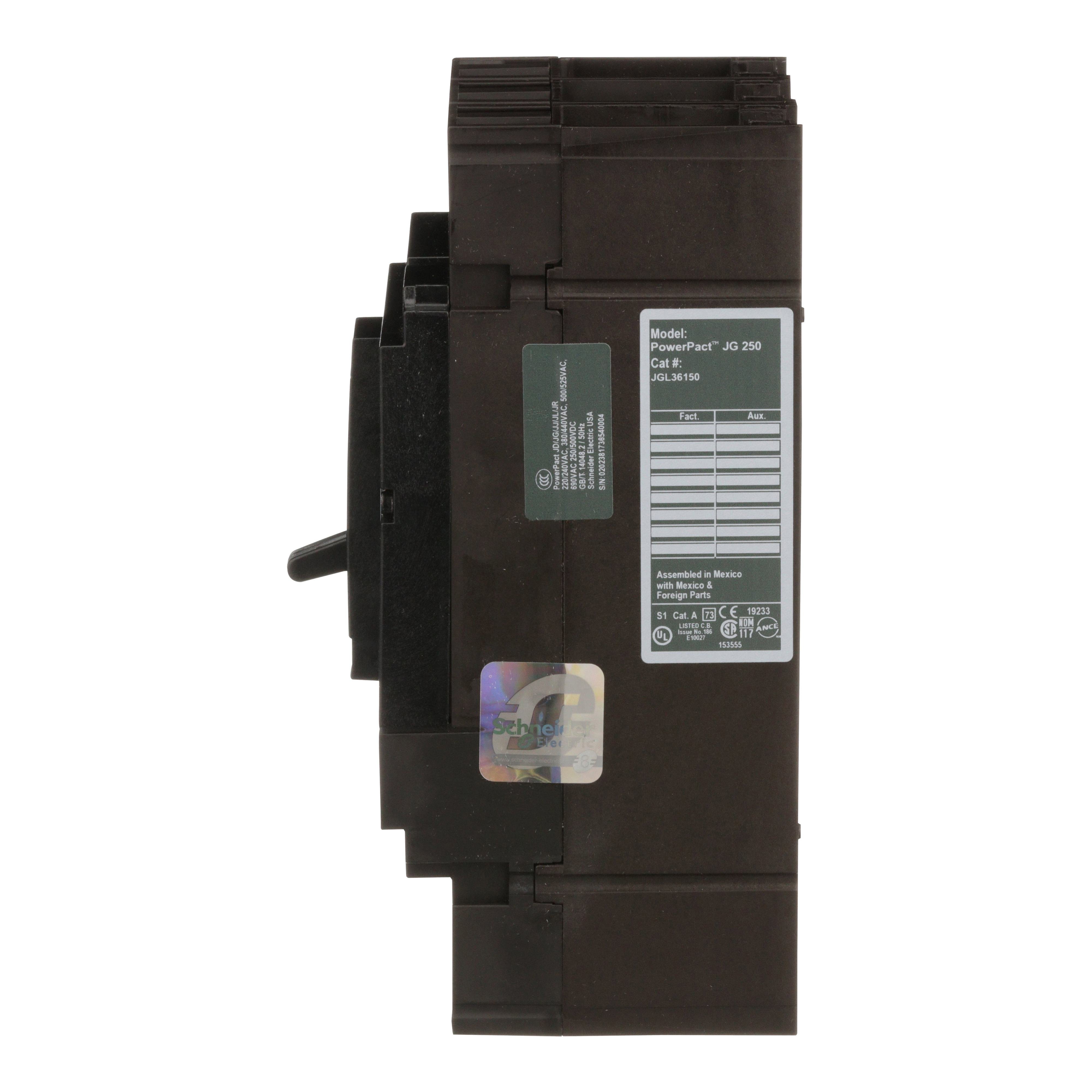 Picture of JGL36150 - Circuit breaker, PowerPacT J, 150A, 3 pole, 600VAC, 18kA, lugs, thermal magnetic, 80%