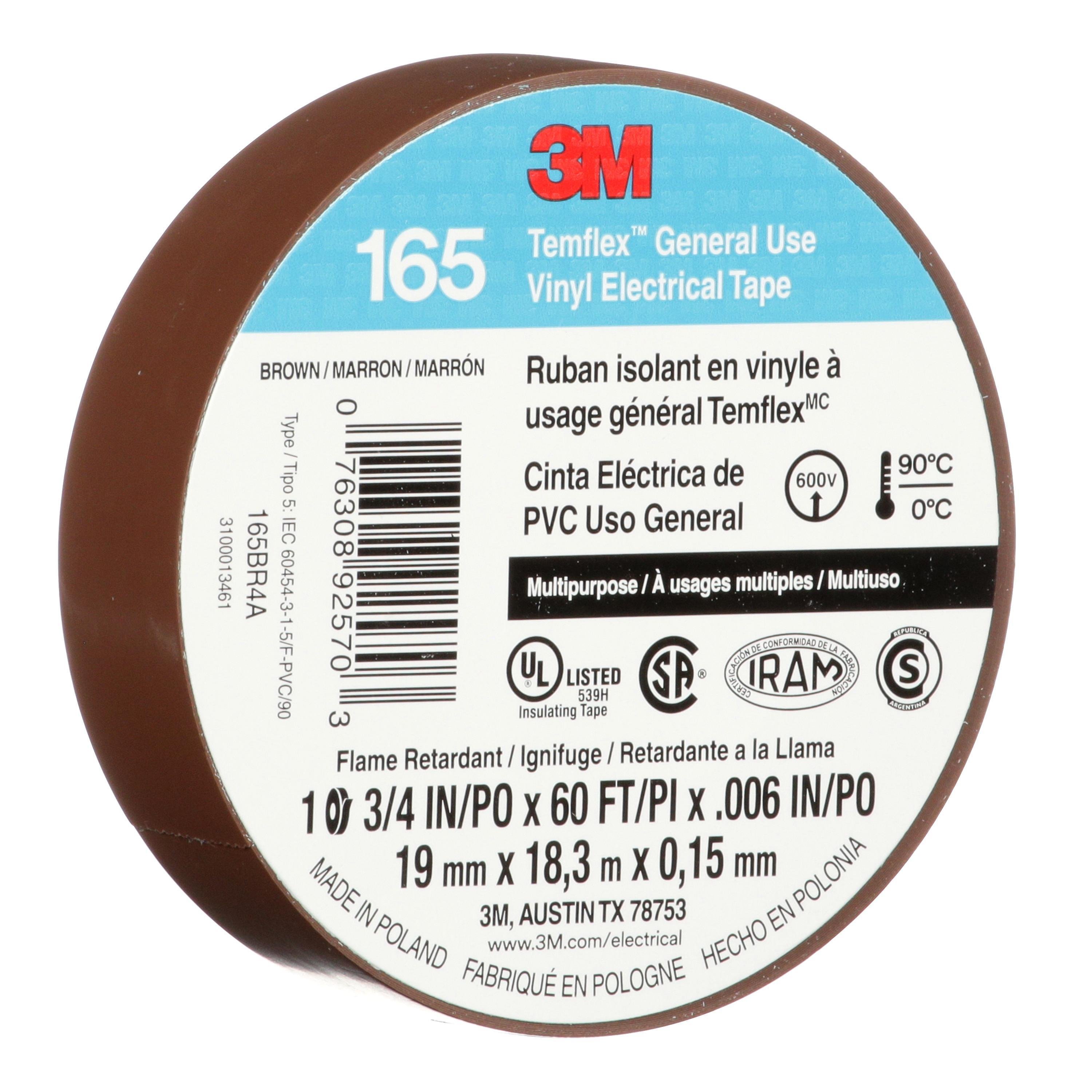 Picture of 7100169191 - 3M™ Temflex™ Vinyl Electrical Tape 165, Brown, 3/4 in x 60 ft (19 mm x 18 m), 6 mil, 100 Rolls/Case