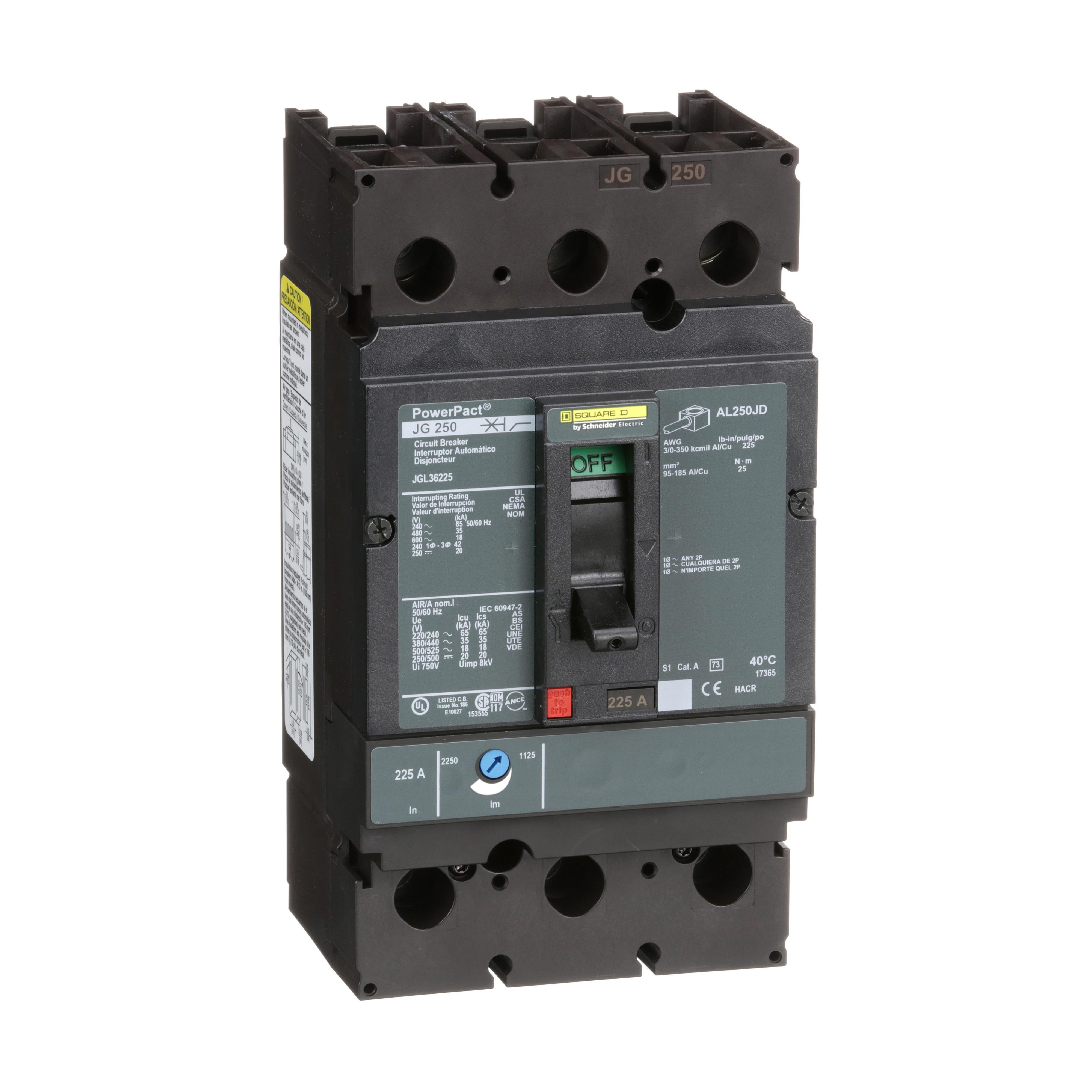 Picture of JGL36225 - Circuit breaker, PowerPacT J, 225A, 3 pole, 600VAC, 18kA, lugs, thermal magnetic, 80%