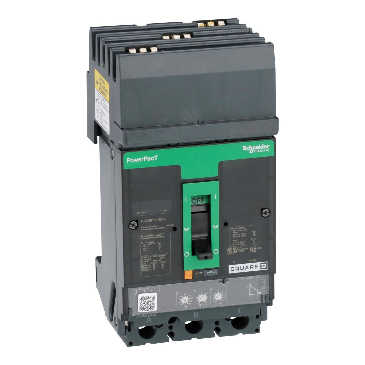 Picture of HGA36150U31X - Circuit breaker, PowerPacT H, 150A, 3 pole, 600VAC, 18kA, I-Line, Micrologic 3.2, 80%, ABC