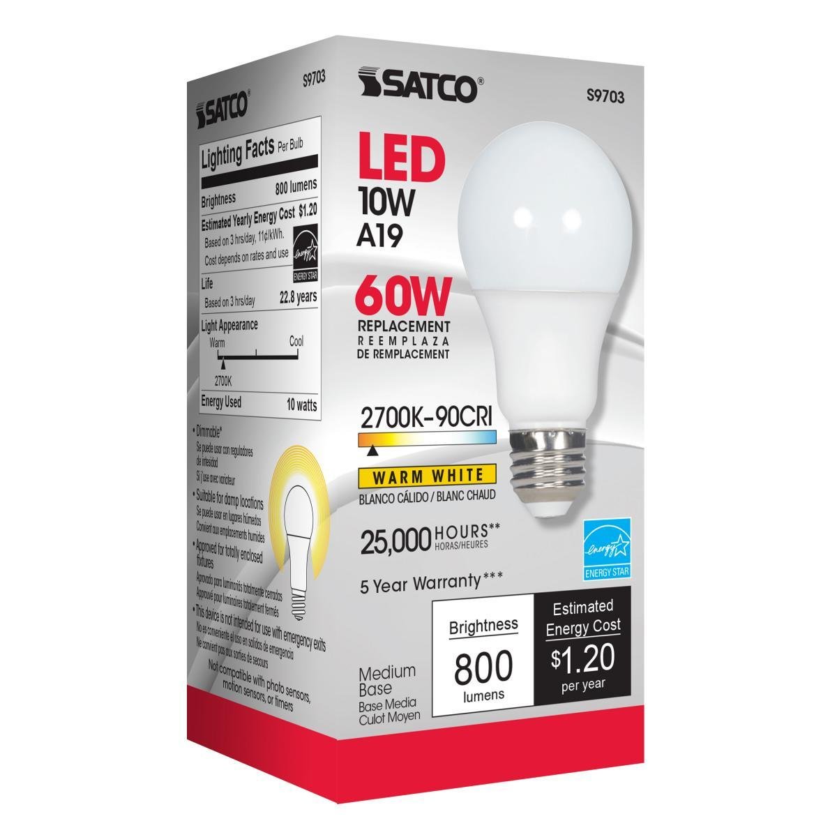 S9703 - 10 Watt - A19 LED - 2700K - Medium base - 220 deg. Beam Angle - 90CRI - 120 Volt