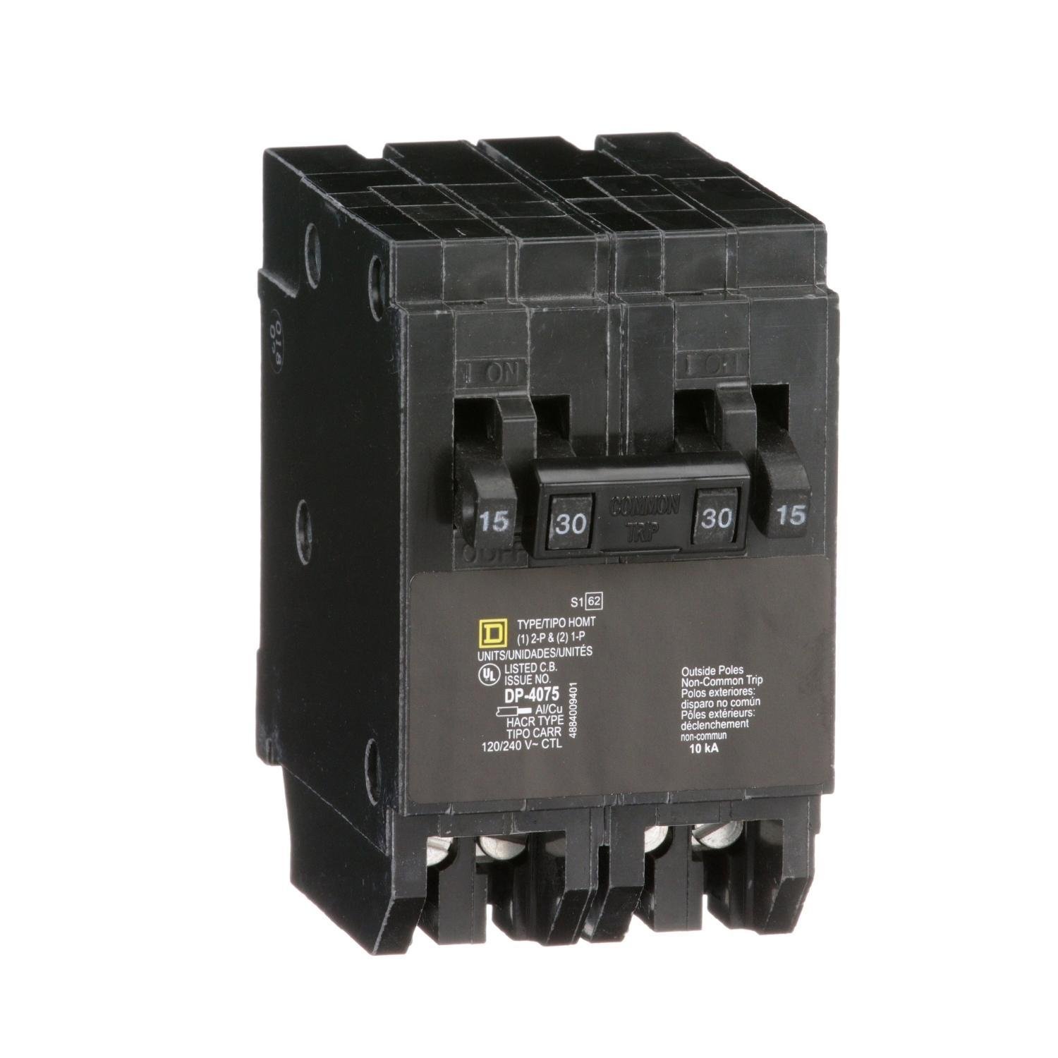 HOMT1515230 - Tandem circuit breaker, Homeline, 2 x 1 pole at 15A, 1 x 2 pole at 30A, 120/240VAC, 10kA AIR, plug in, UL