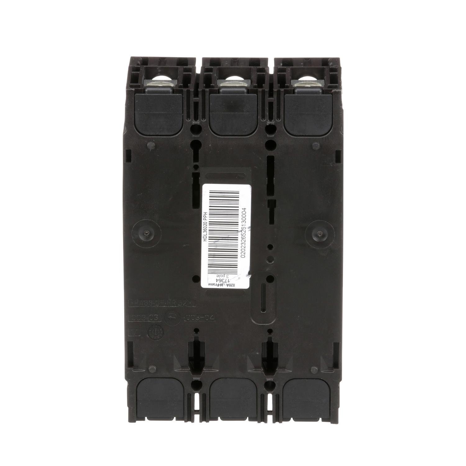 Picture of HDL36020 - Circuit breaker, PowerPacT H, 20A, 3 pole, 600VAC, 14kA, lugs, thermal magnetic, 80%