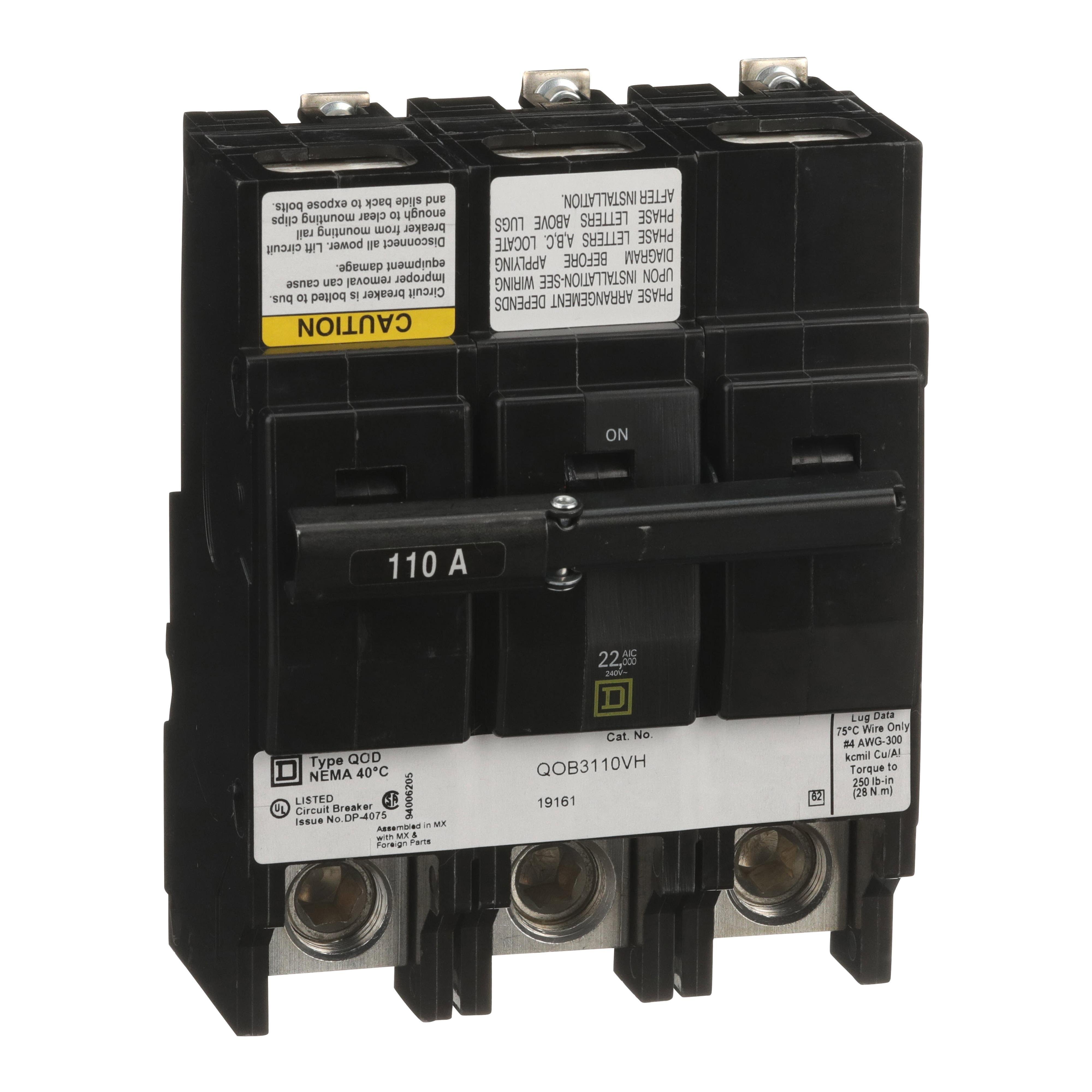 QOB3110VH - Mini circuit breaker, QO, 110A, 3 pole, 120/240VAC, 22kA, bolt on