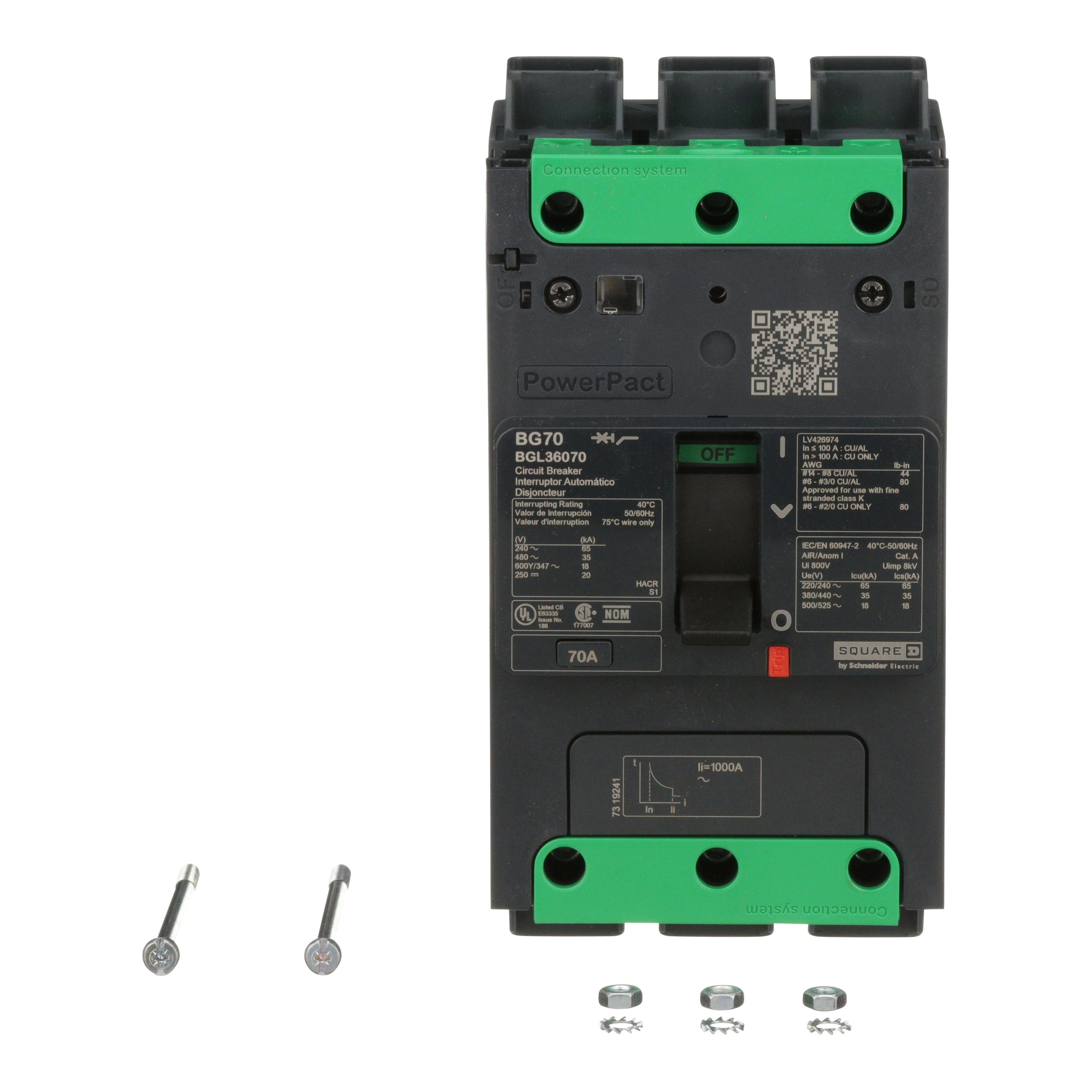 BGL36070 - Circuit breaker, PowerPacT B, 70A, 3 pole, 600Y/347VAC, 18kA, lugs, thermal magnetic, 80%
